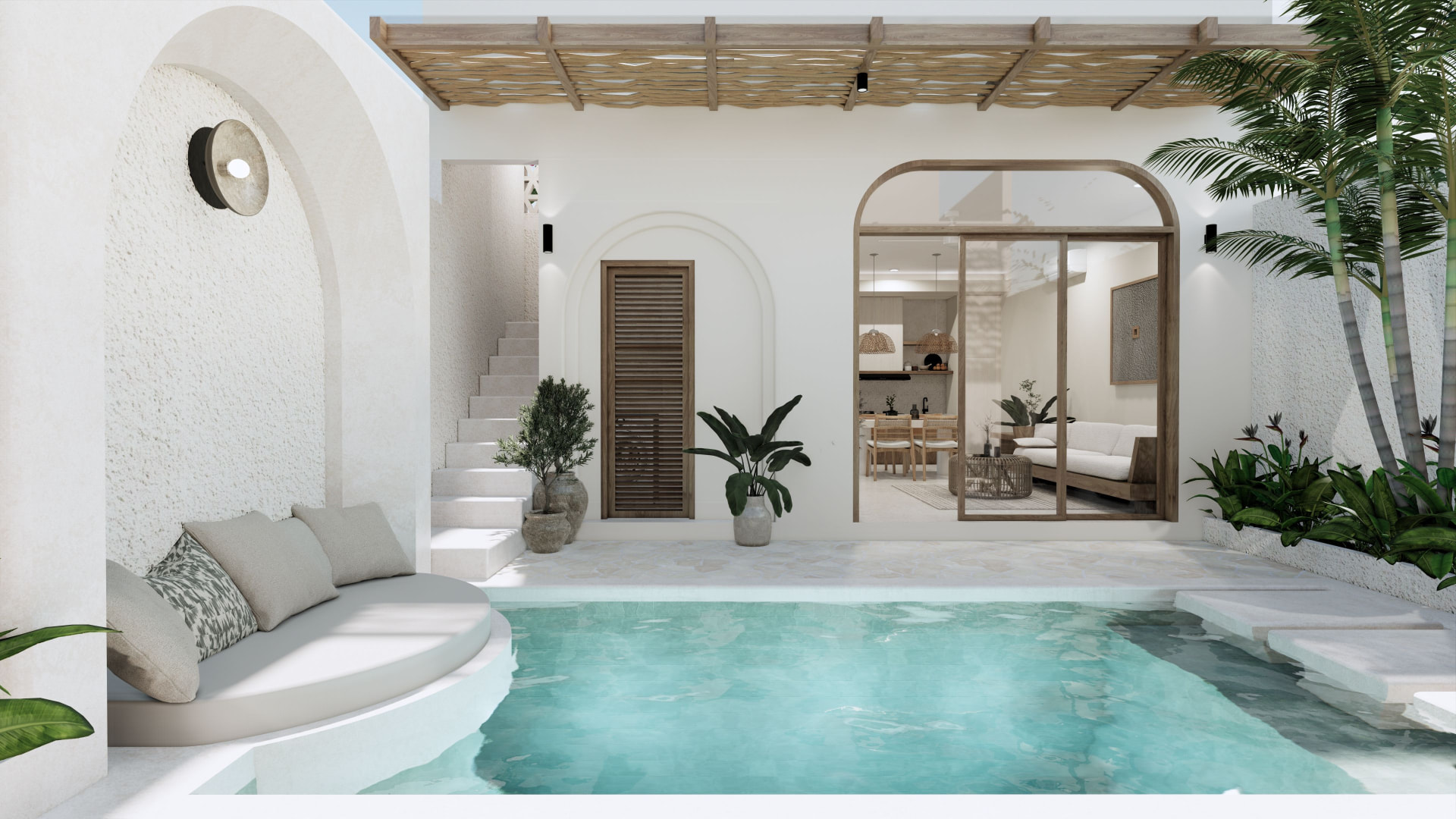 Courtyard plunge pool with stone terrace, pergola and glazed living room beyond