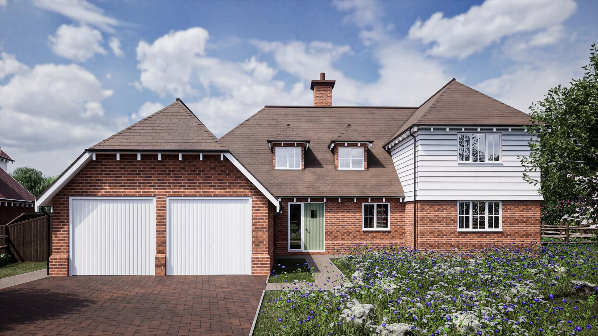 New build house with double garage, dormers and clay tiled roof