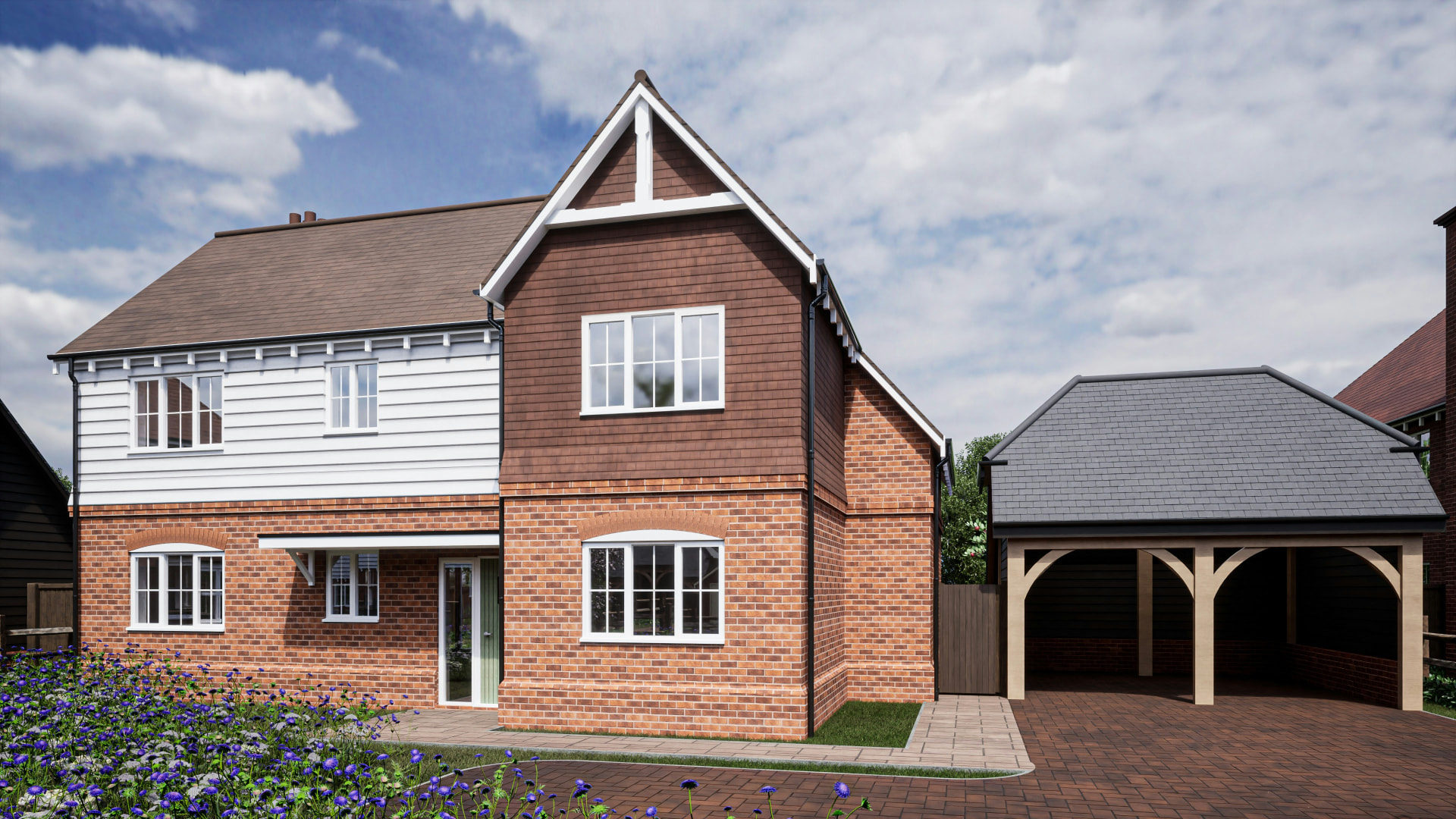New build house with brick, tile hanging and weatherboarding and oak cart lodge