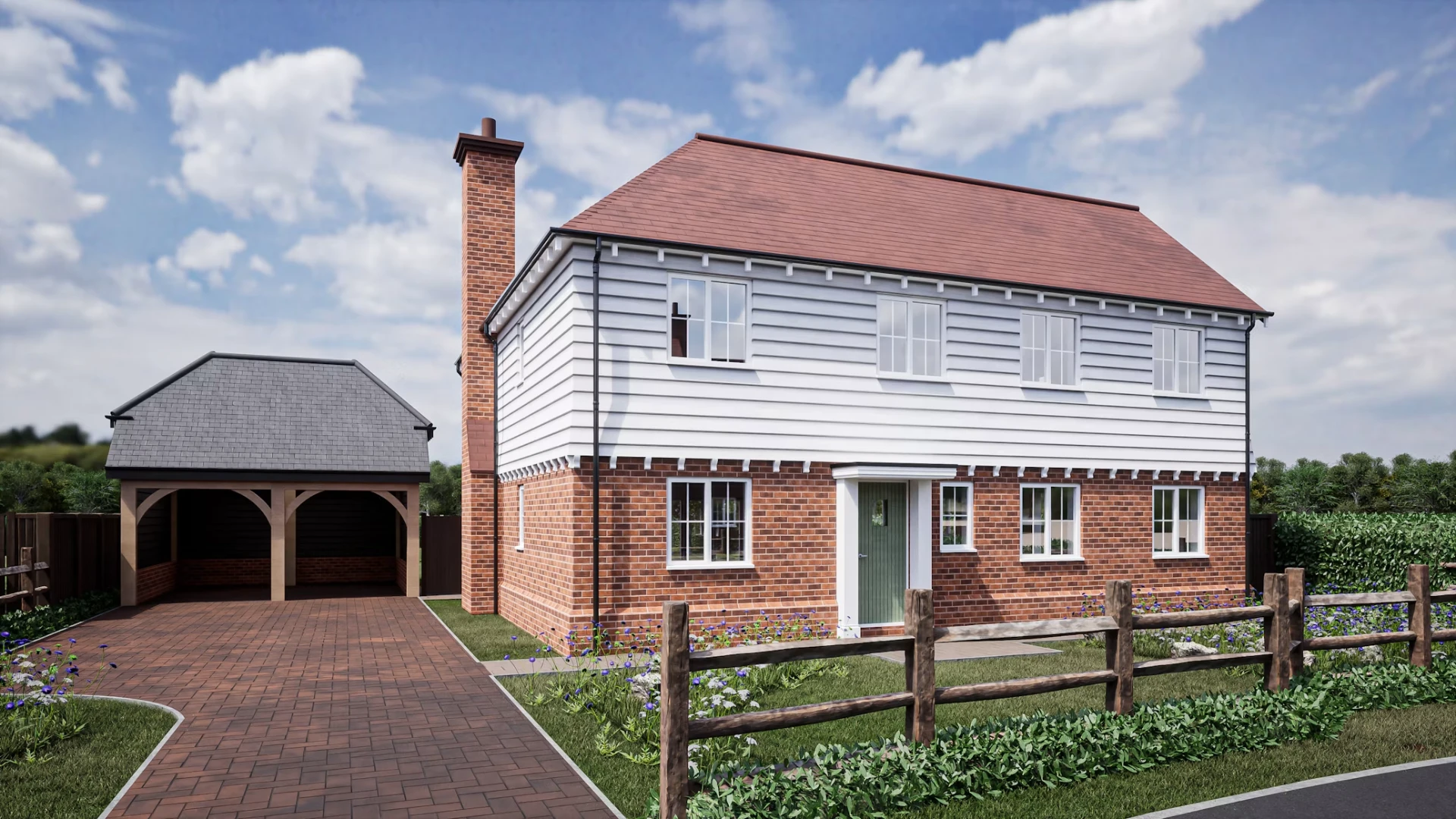 Completed new build house with weatherboarded upper floor and brick chimney