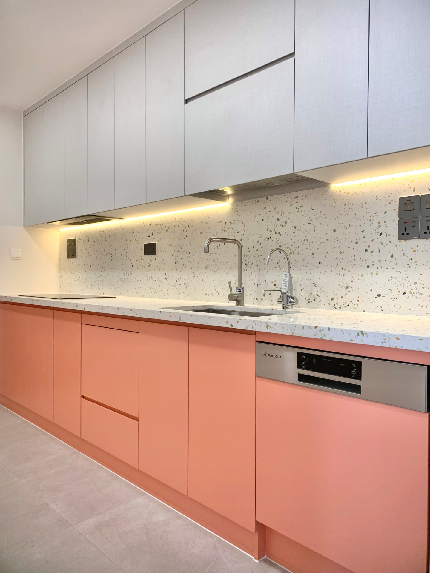 Clapham Victorian House — terracotta lacquer kitchen with terrazzo worktop and splashback, London SW4