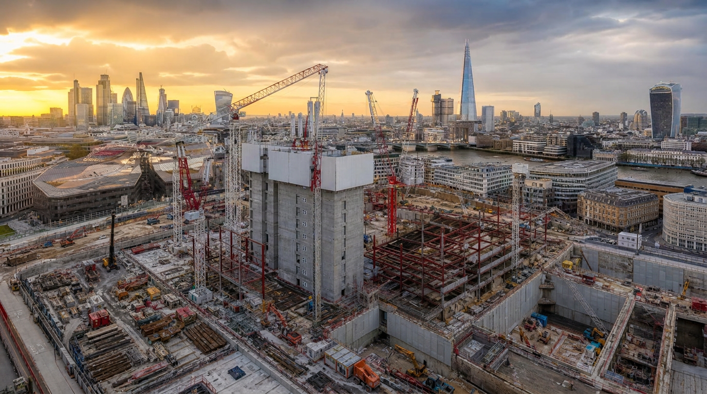 Aerial view rising from a London construction site to reveal the Thames, Tower Bridge and the city skyline in golden morning light