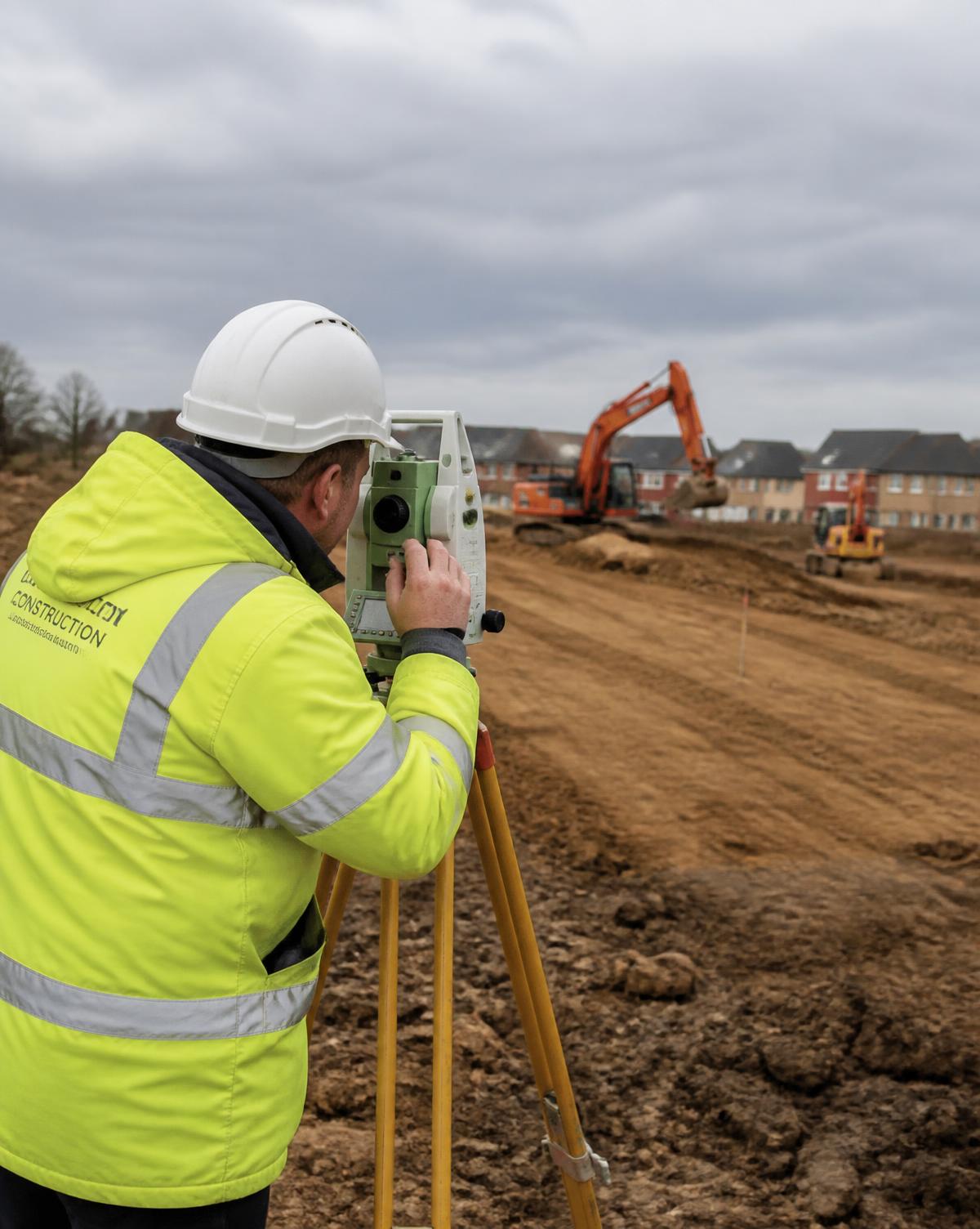 Site engineer setting out levels with a total station