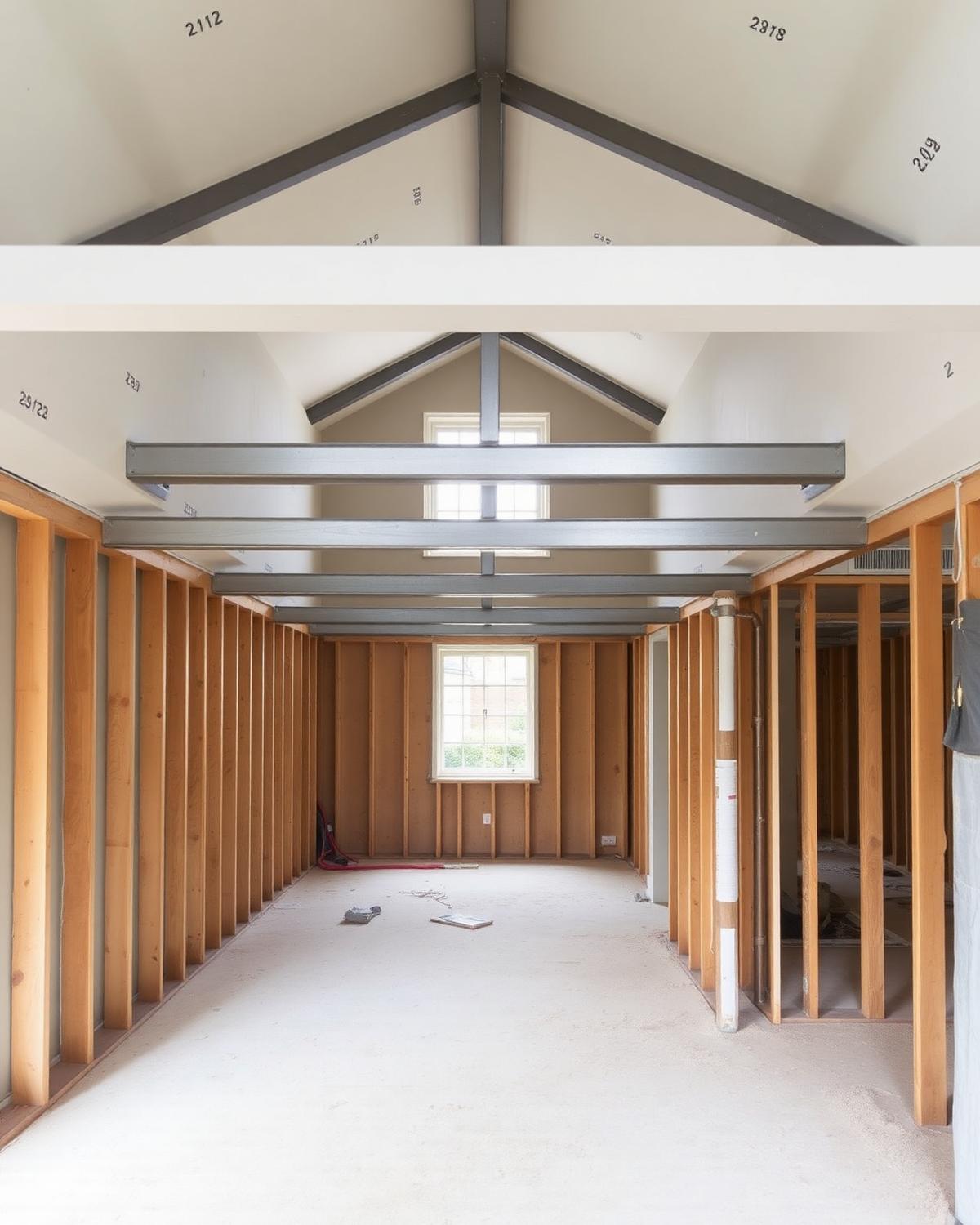 Stripped back London townhouse interior with steel beams