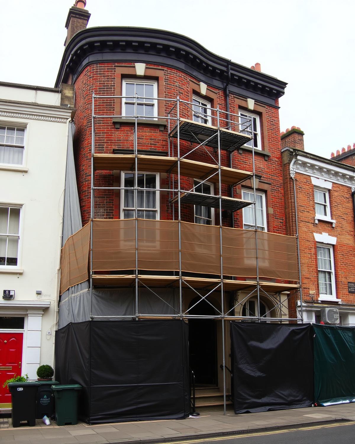Scaffolded Victorian townhouse facade under refurbishment