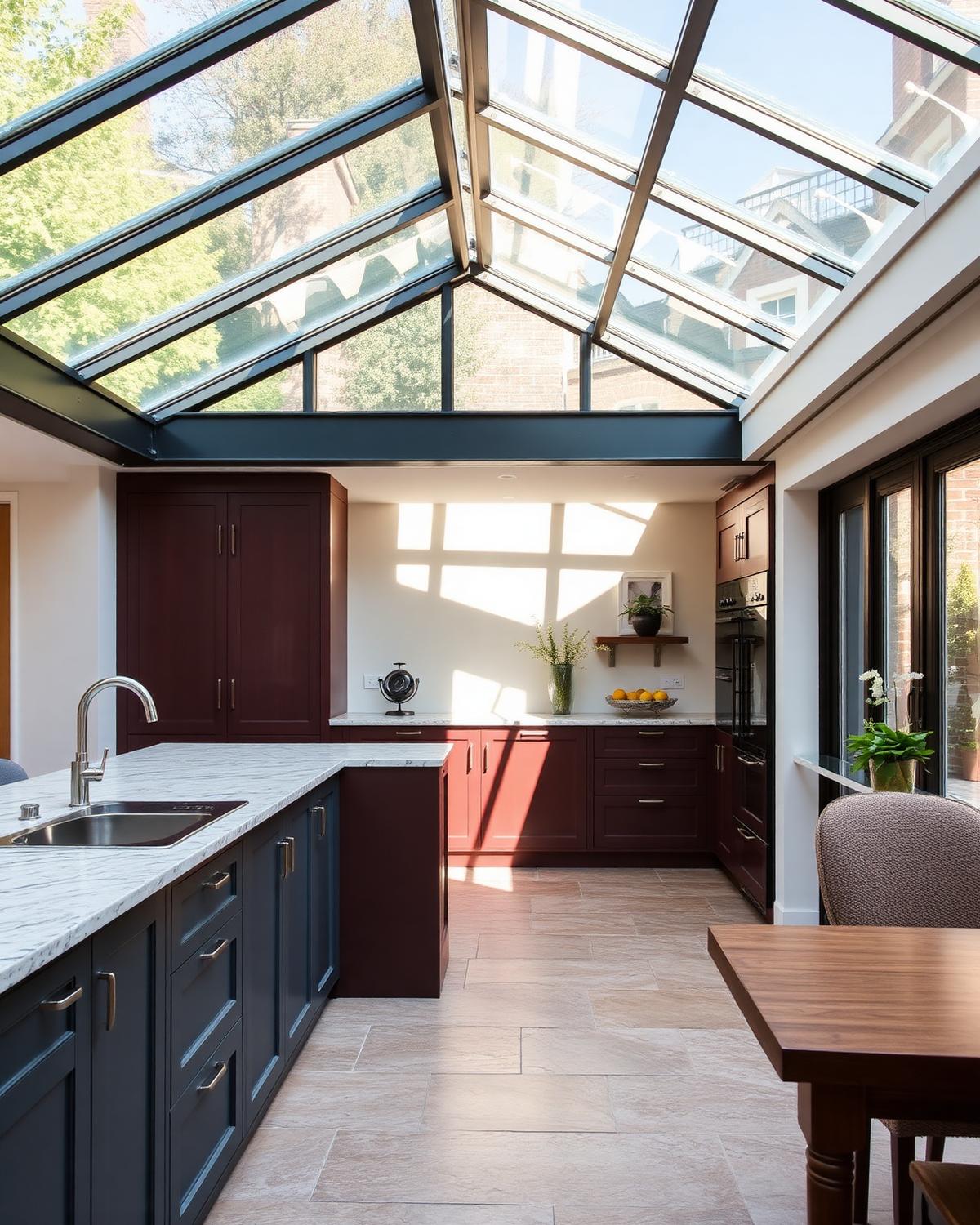 Completed London kitchen extension with glazed roof and stone floors