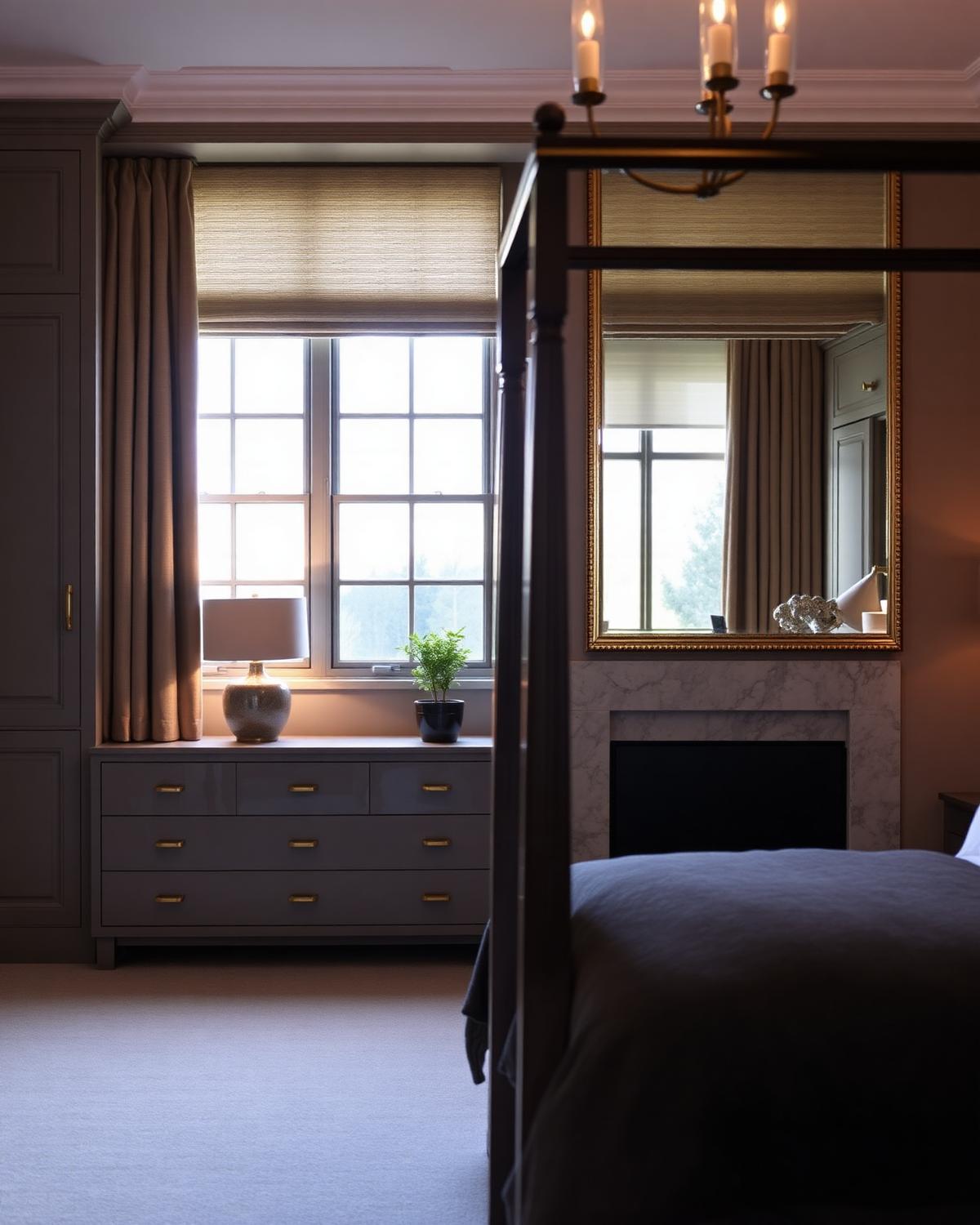Completed principal bedroom with marble fireplace