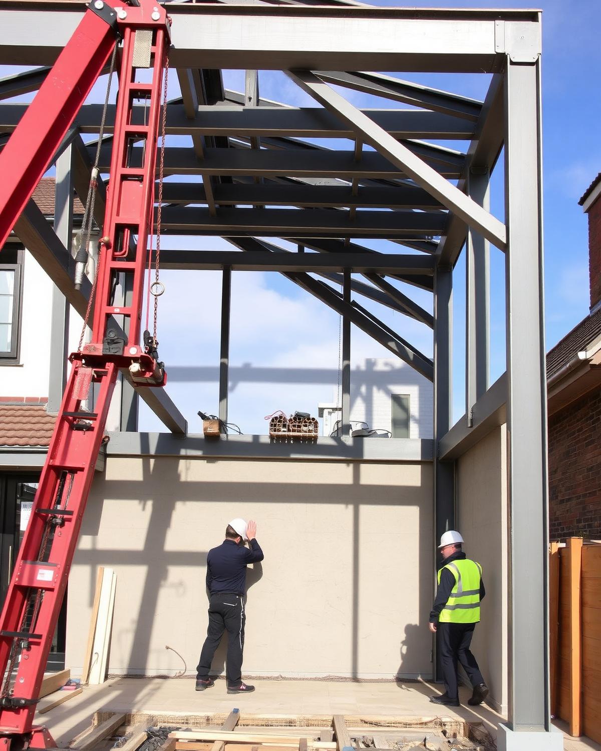 Structural steel frame installed on a residential extension