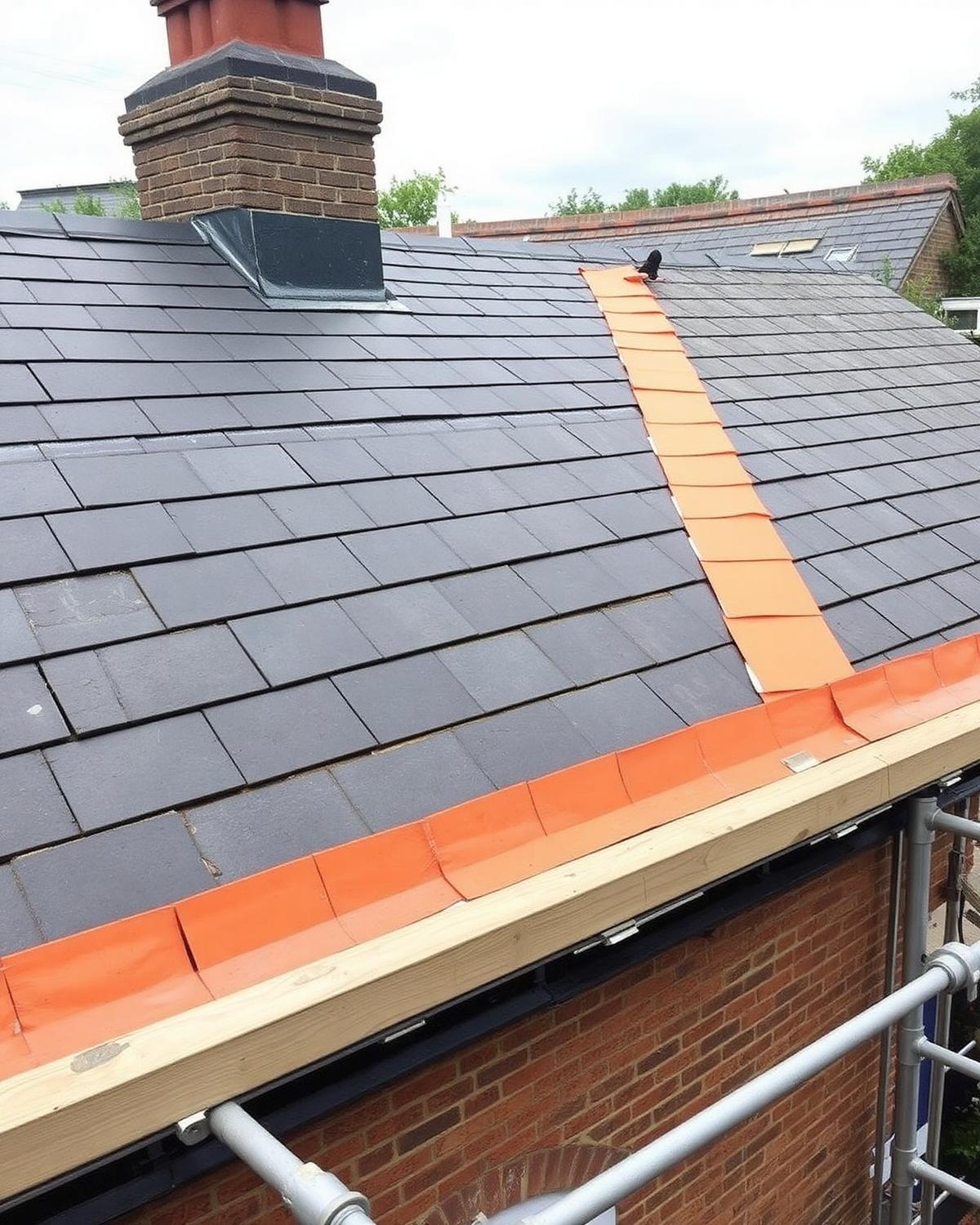 New slate roof with lead flashing on a London house