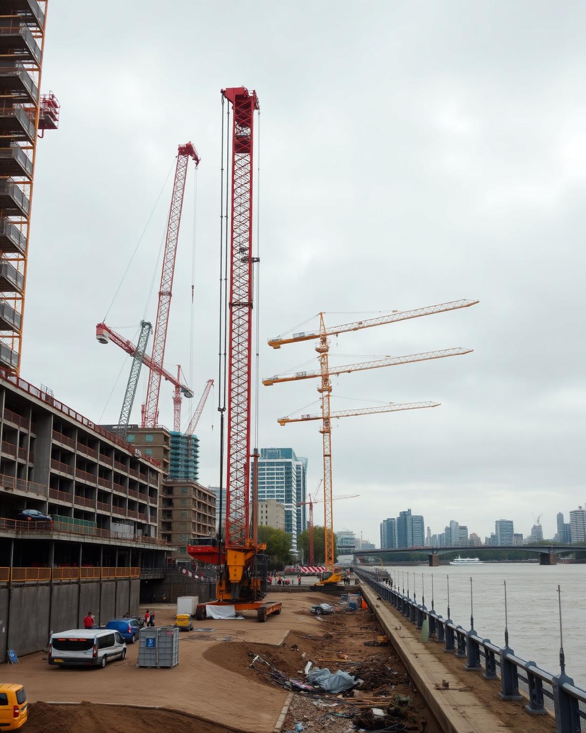 Secant piling rig working on the Battersea riverside site beside the Thames