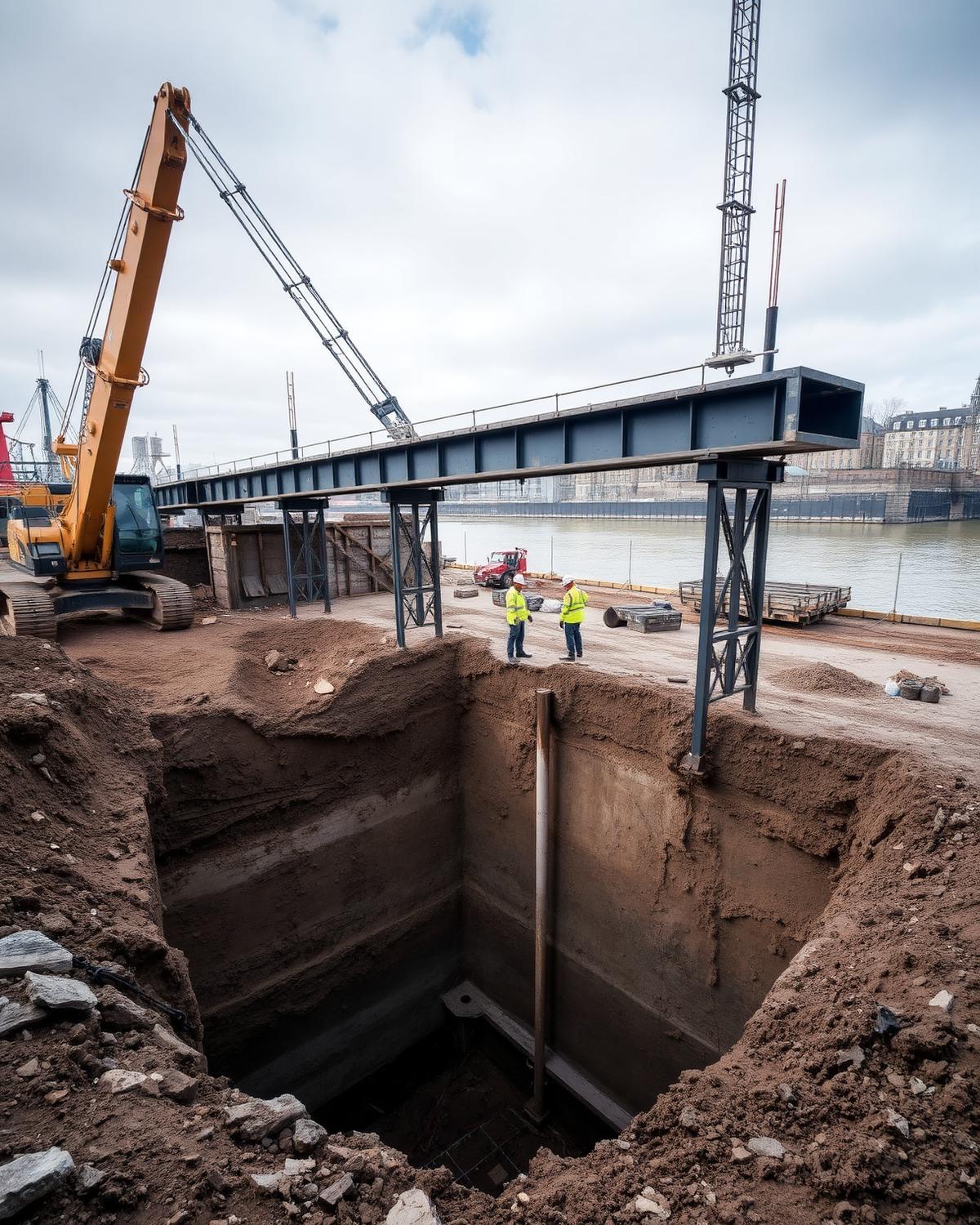 Deep basement excavation with capping beam and steel propping at Nine Elms