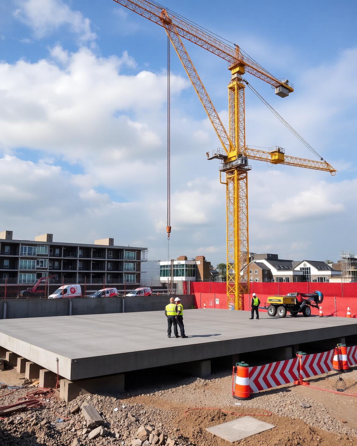 Large reinforced concrete podium slab pour in Croydon with tower crane above