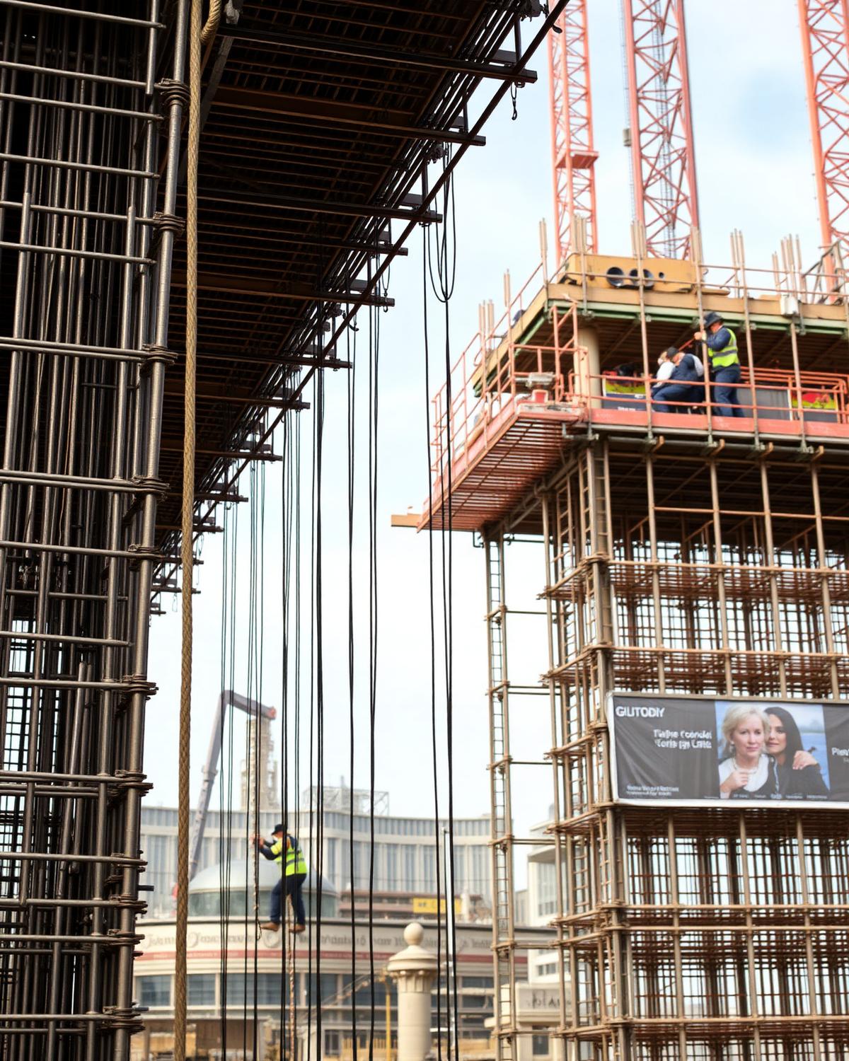 Dense steel reinforcement cage and column starter bars on the city centre site