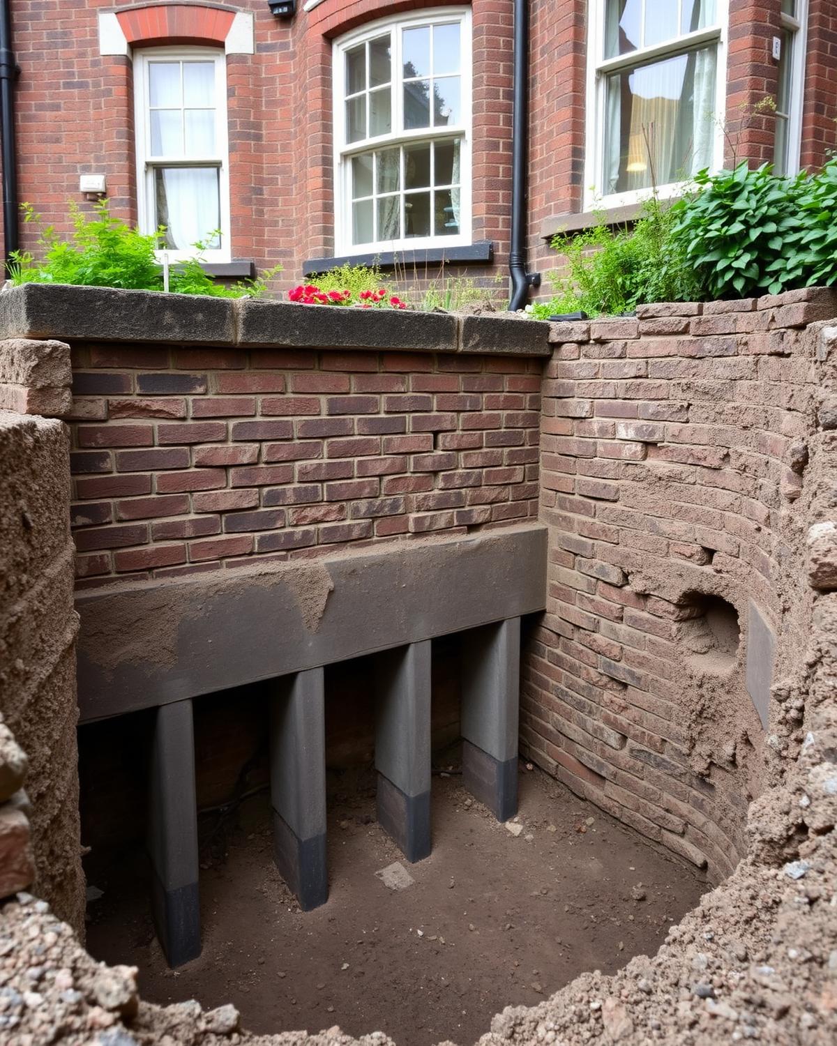 Mass concrete underpinning pins beneath a Victorian brick villa in Hampstead