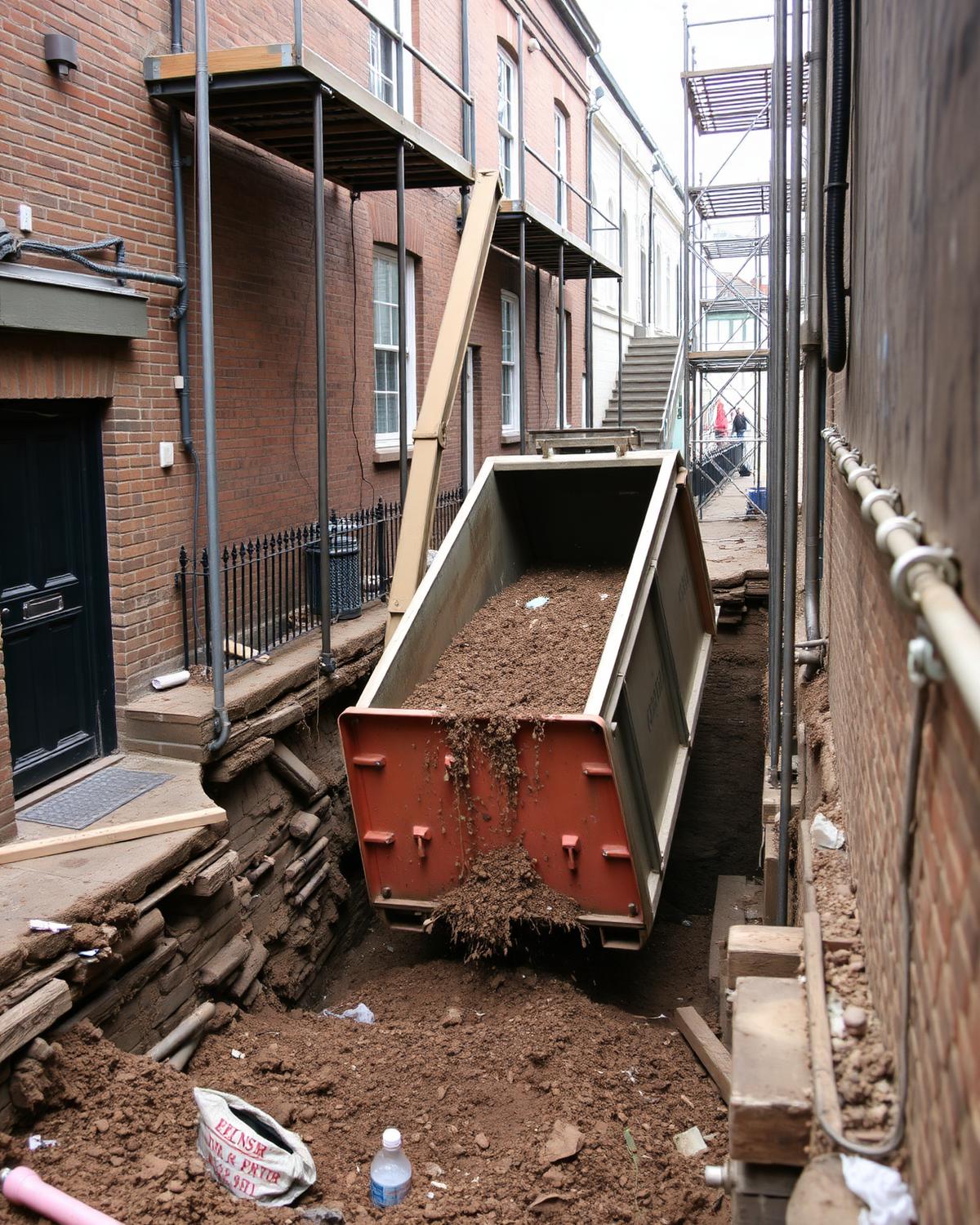 Muck-away skip removing spoil from the London townhouse basement dig