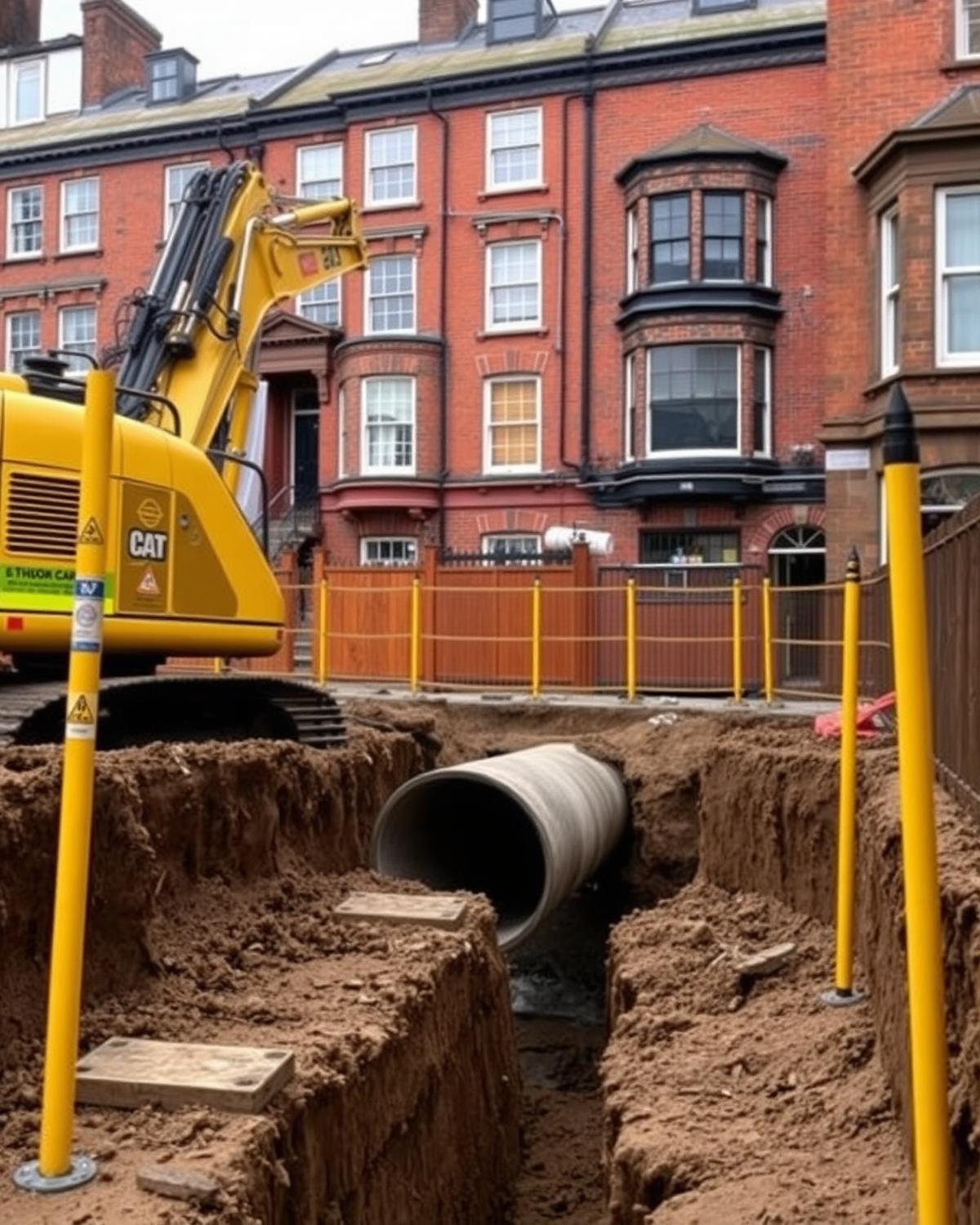 Deep drainage trench with concrete pipe being lowered in a King's Cross street