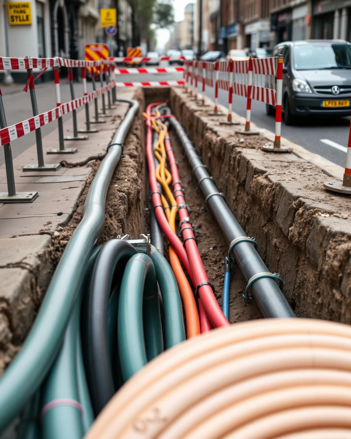 Multi-utility service ducts laid in an open trench on a London high street
