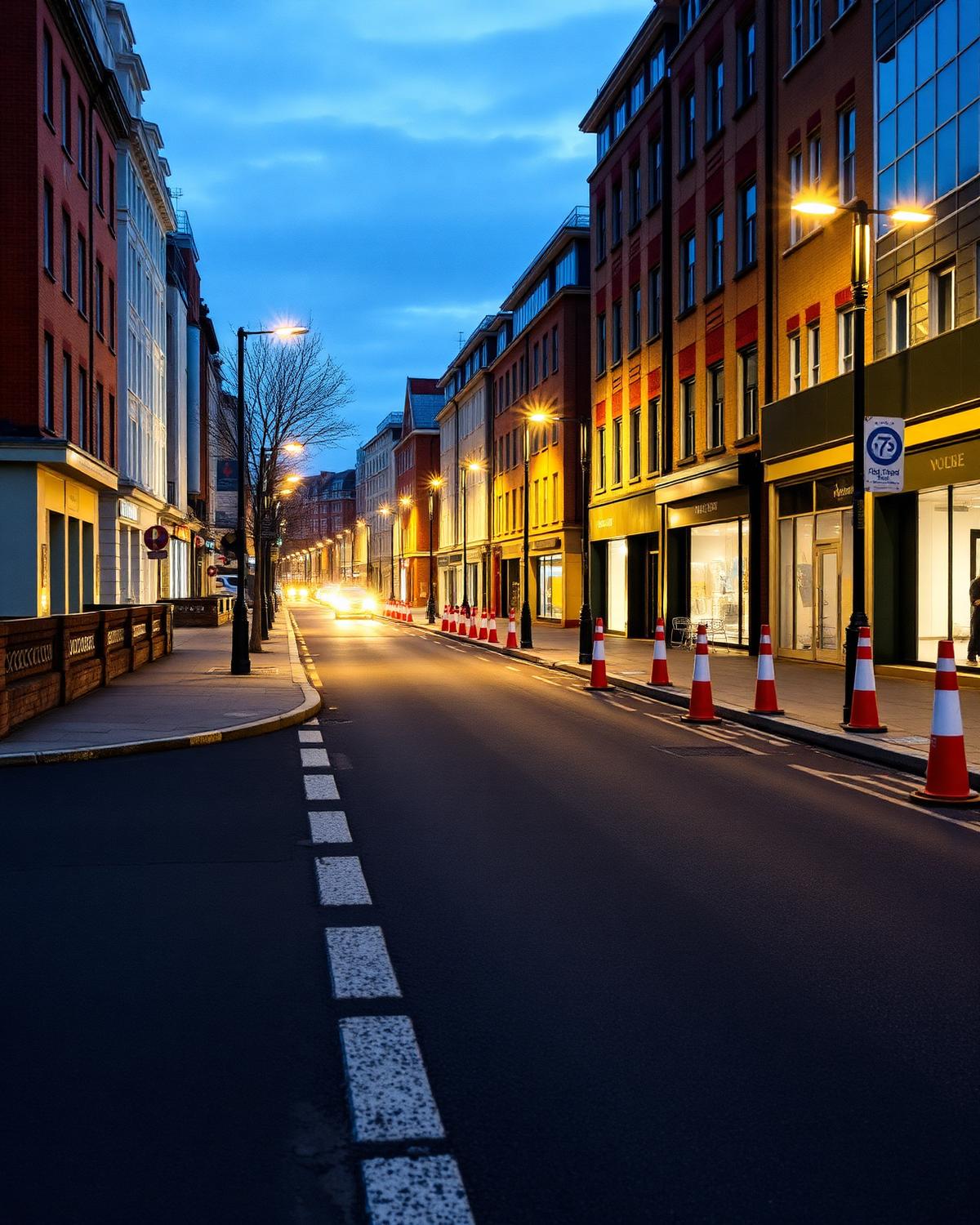 Newly reinstated London street with fresh asphalt and granite kerbs at night