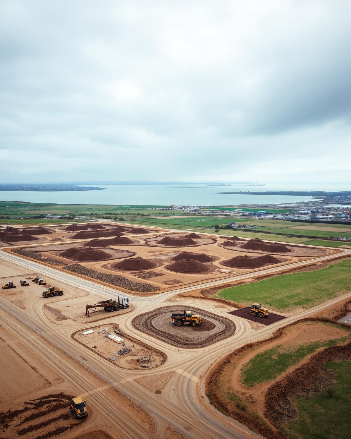 Aerial view of brownfield land reclamation earthworks at Rainham, Essex
