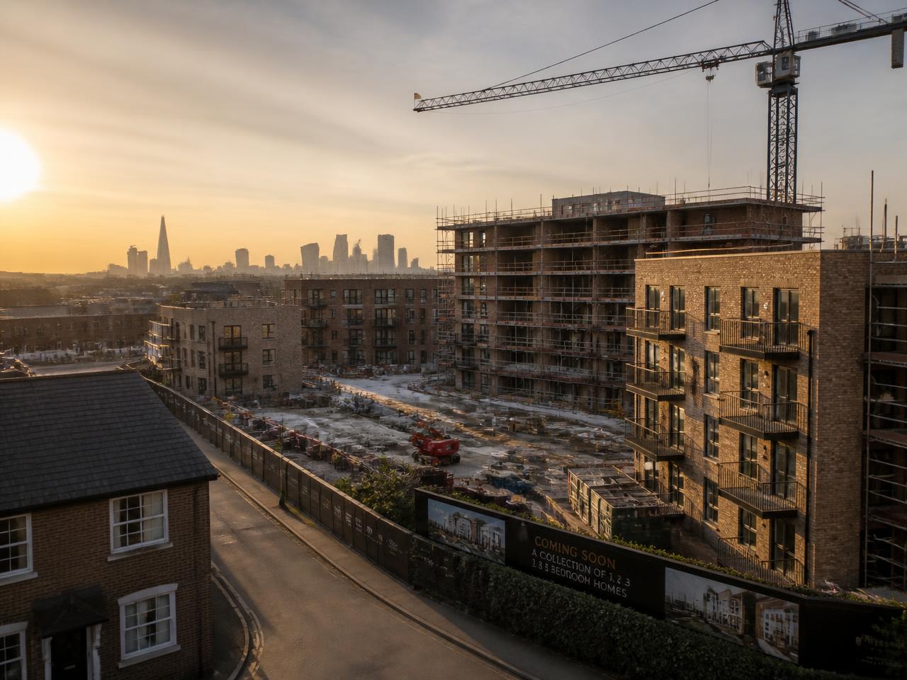 London residential development under construction at golden hour