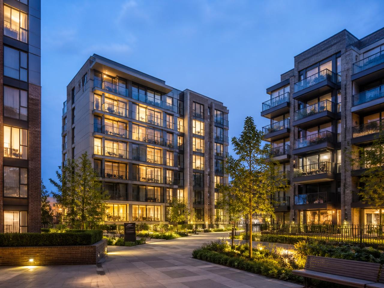 Prime residential apartments lit around a landscaped London courtyard