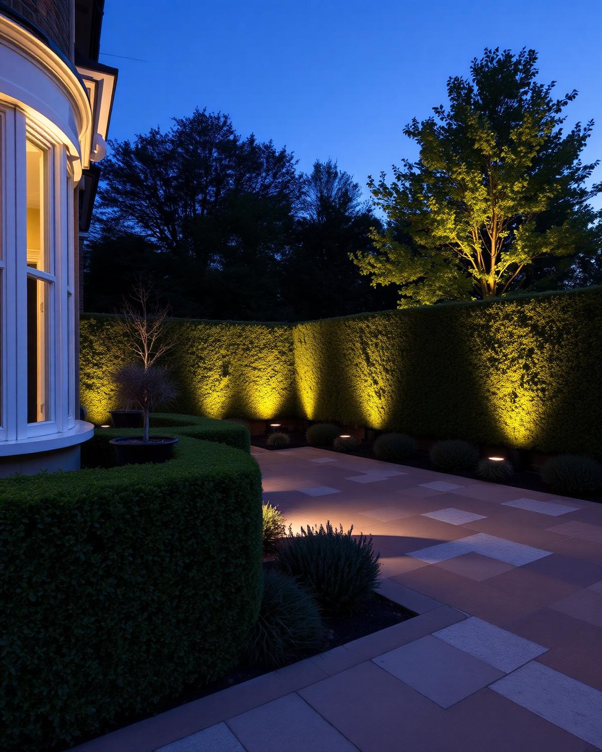 Sandstone paved London garden with clipped hedging at dusk