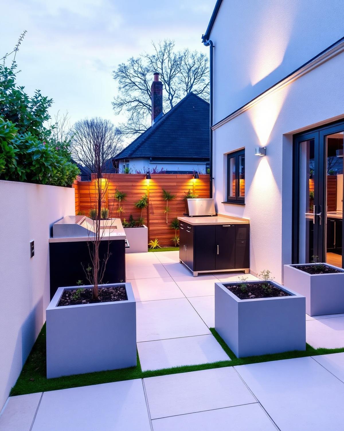 Porcelain paved terrace with outdoor kitchen and planters