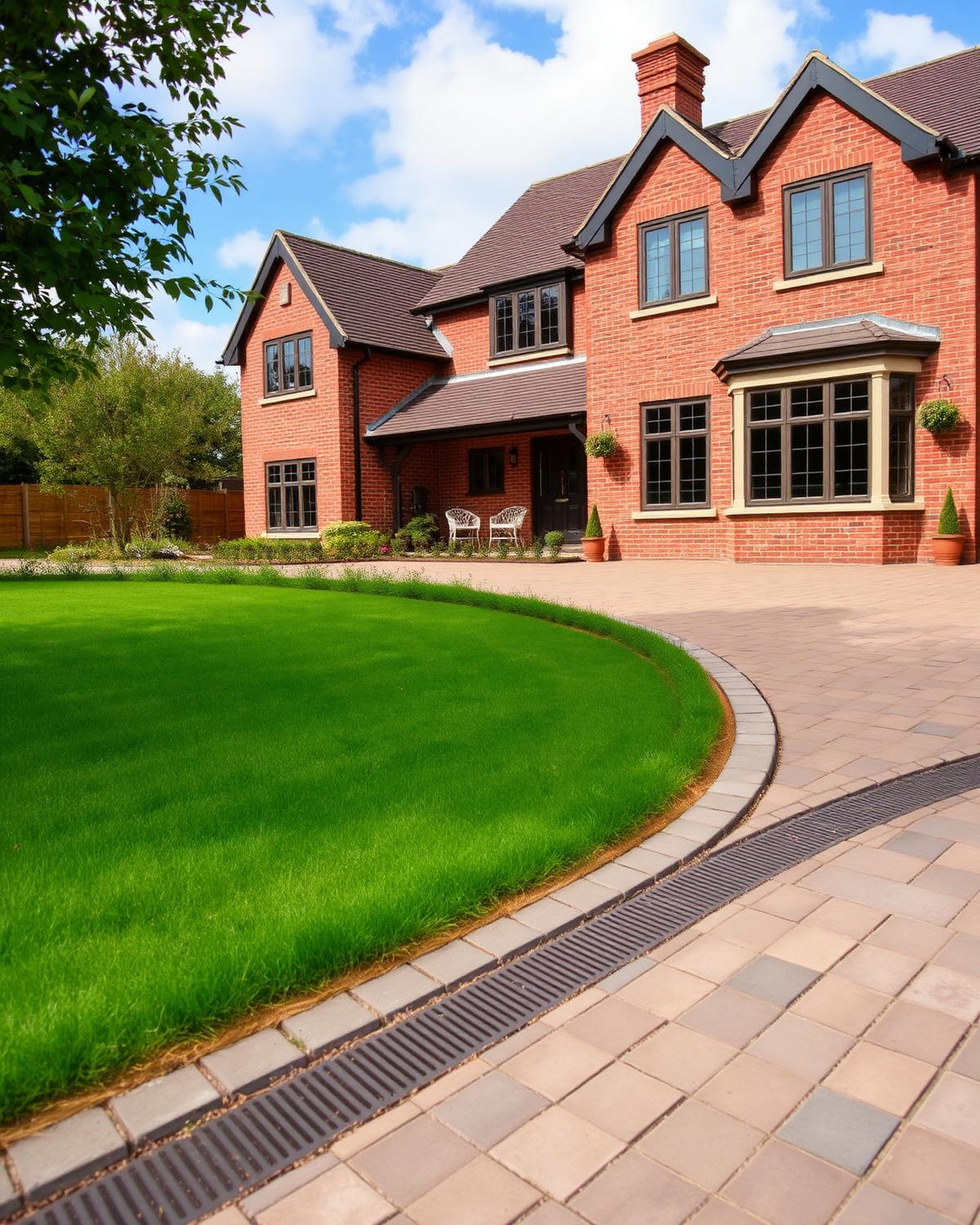 Granite sett driveway with drainage channel at a country house