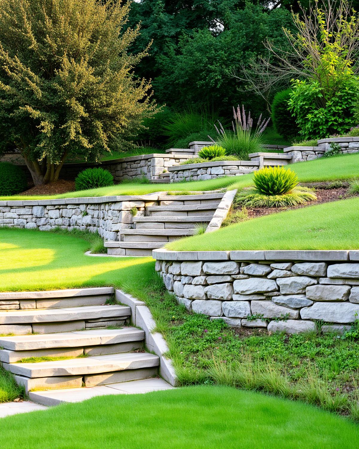 Stone garden steps and retaining walls with mature planting
