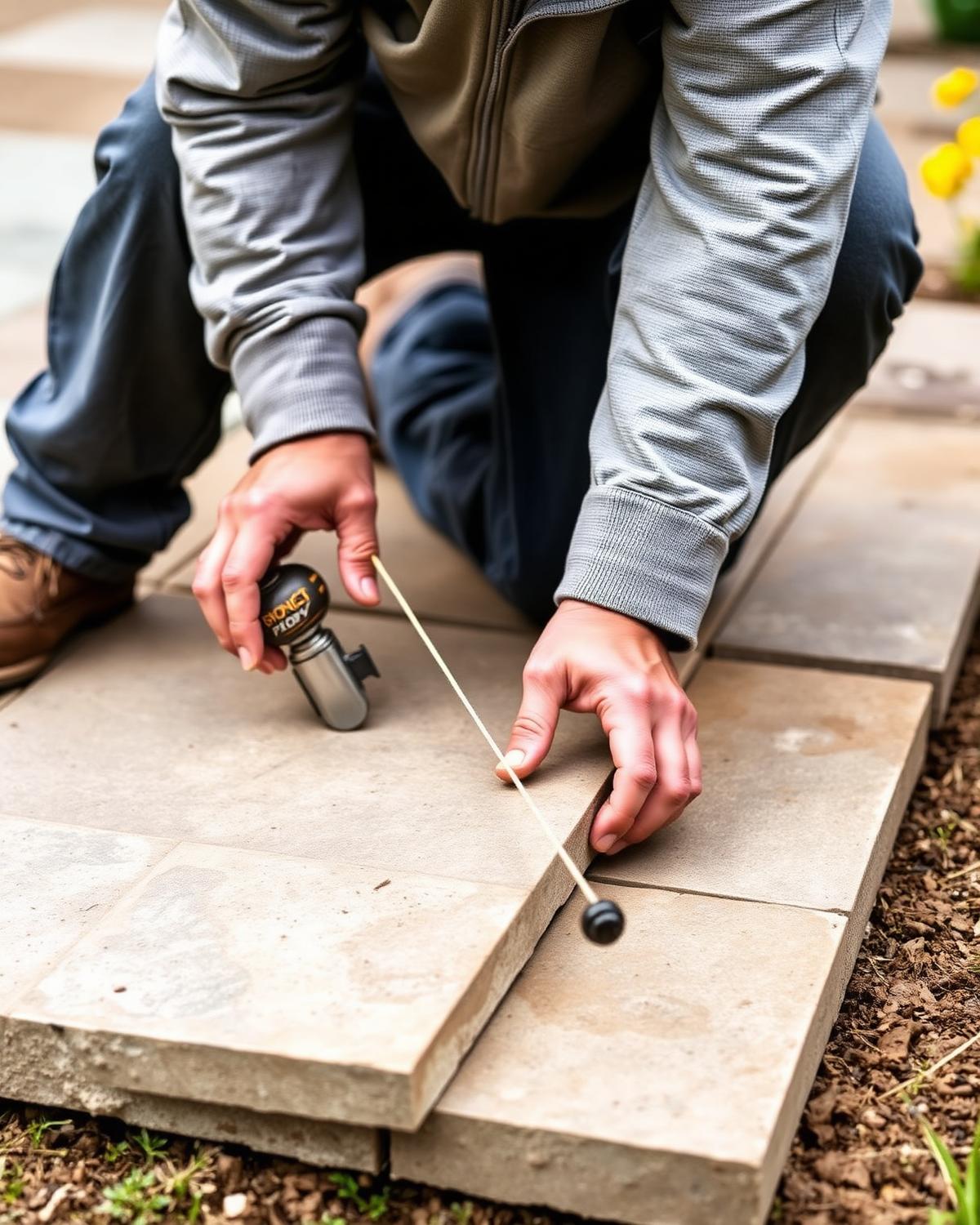 Landscaper laying large format sandstone paving