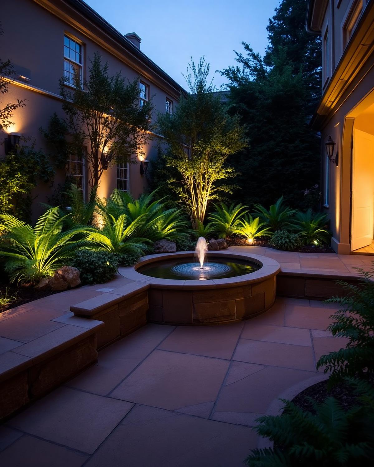 Courtyard garden with limestone water feature and uplighting