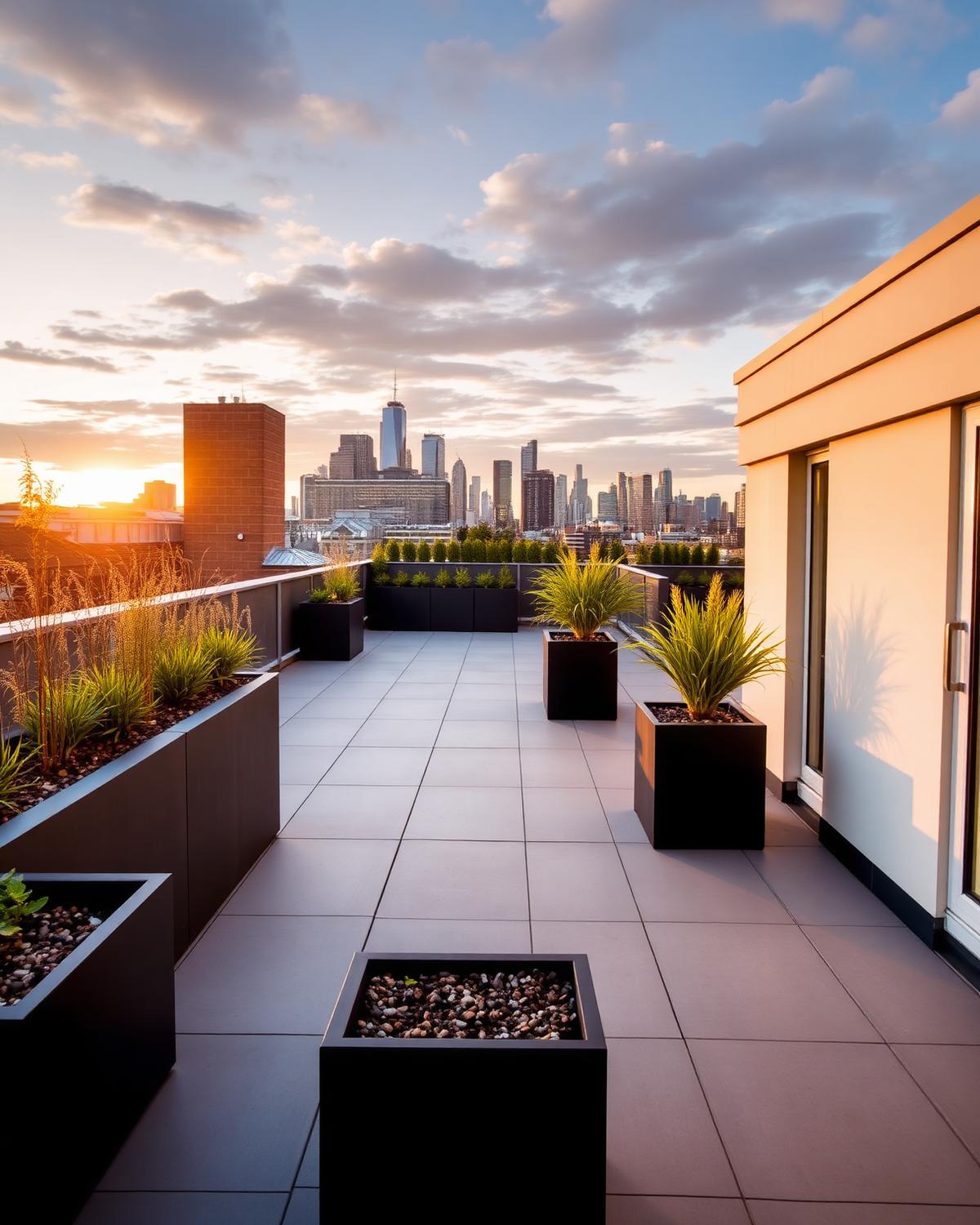 London roof terrace with porcelain decking and planters