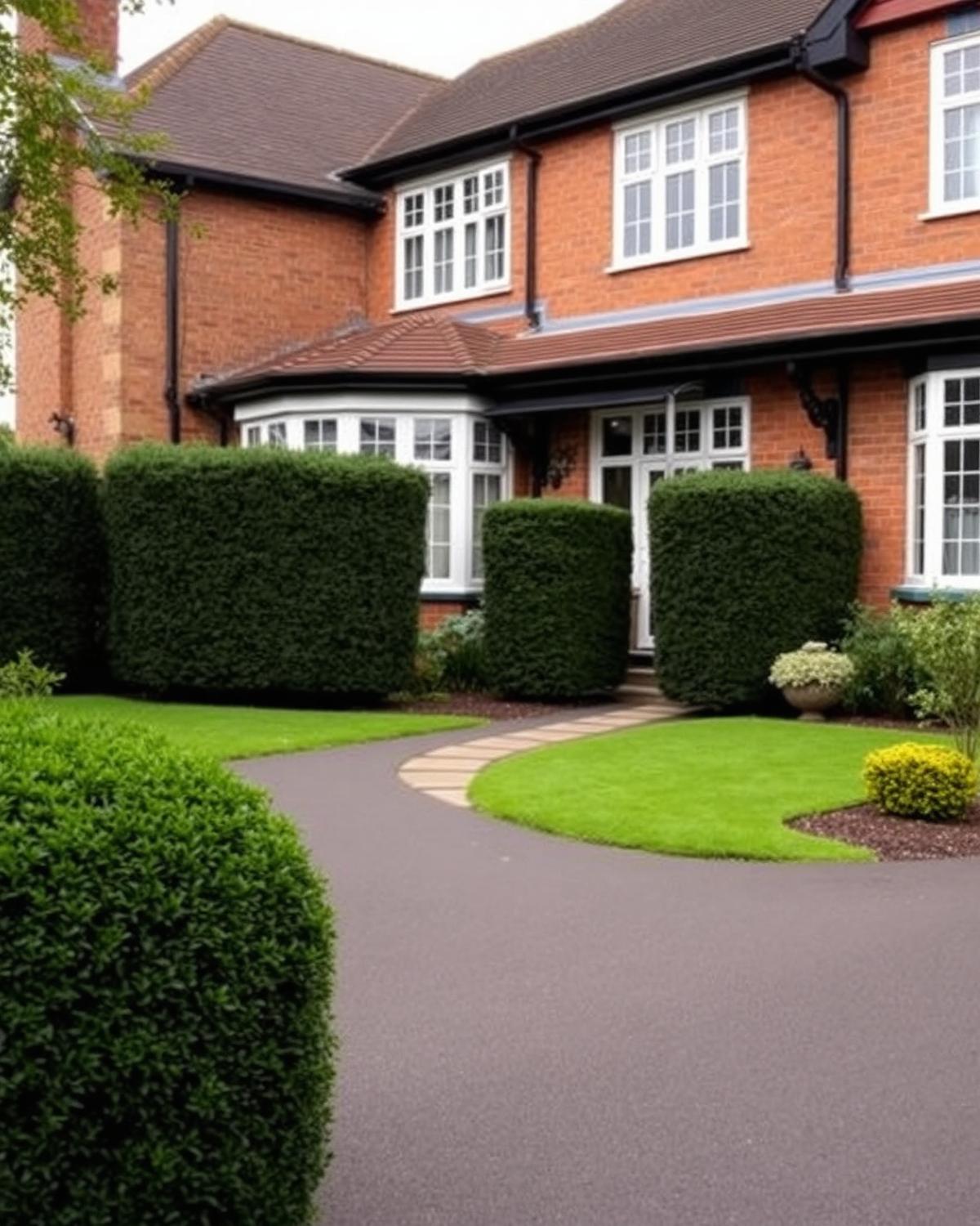 Front garden with resin driveway and stone path