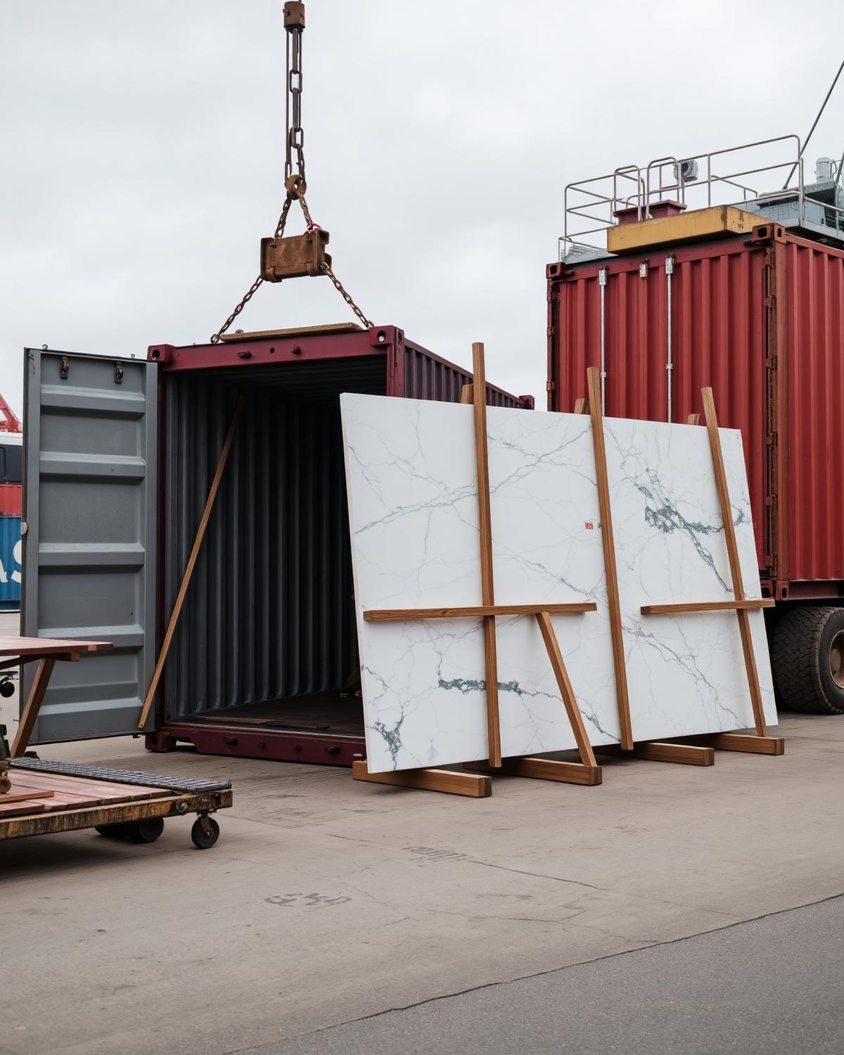 Marble slabs on A-frames loaded into a shipping container