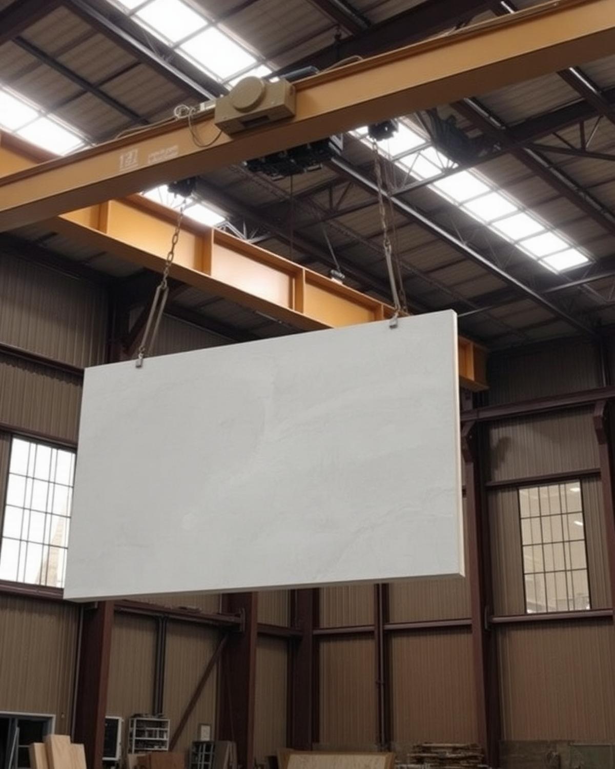 Gantry crane lifting a stone slab inside a warehouse