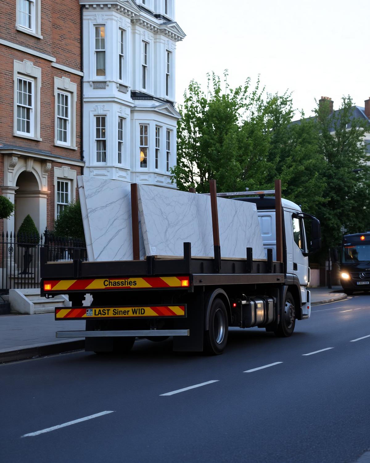 Flatbed lorry with A-frame delivering marble to a London townhouse