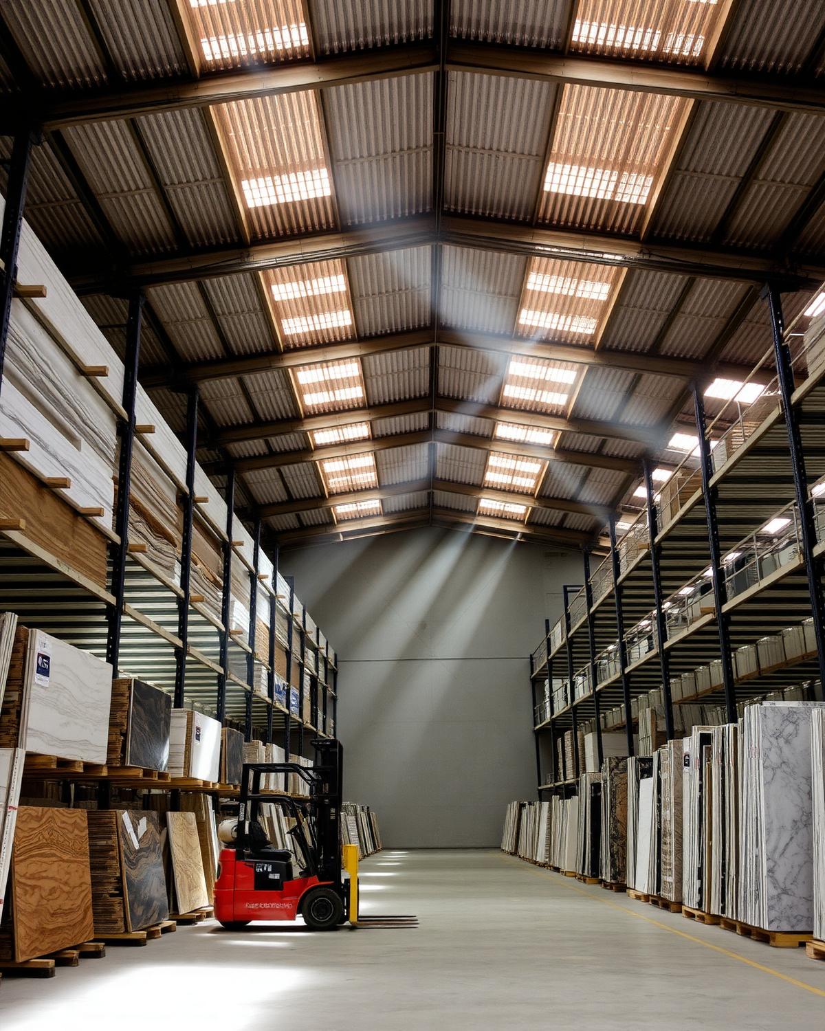 Stone storage warehouse with rows of slab racks