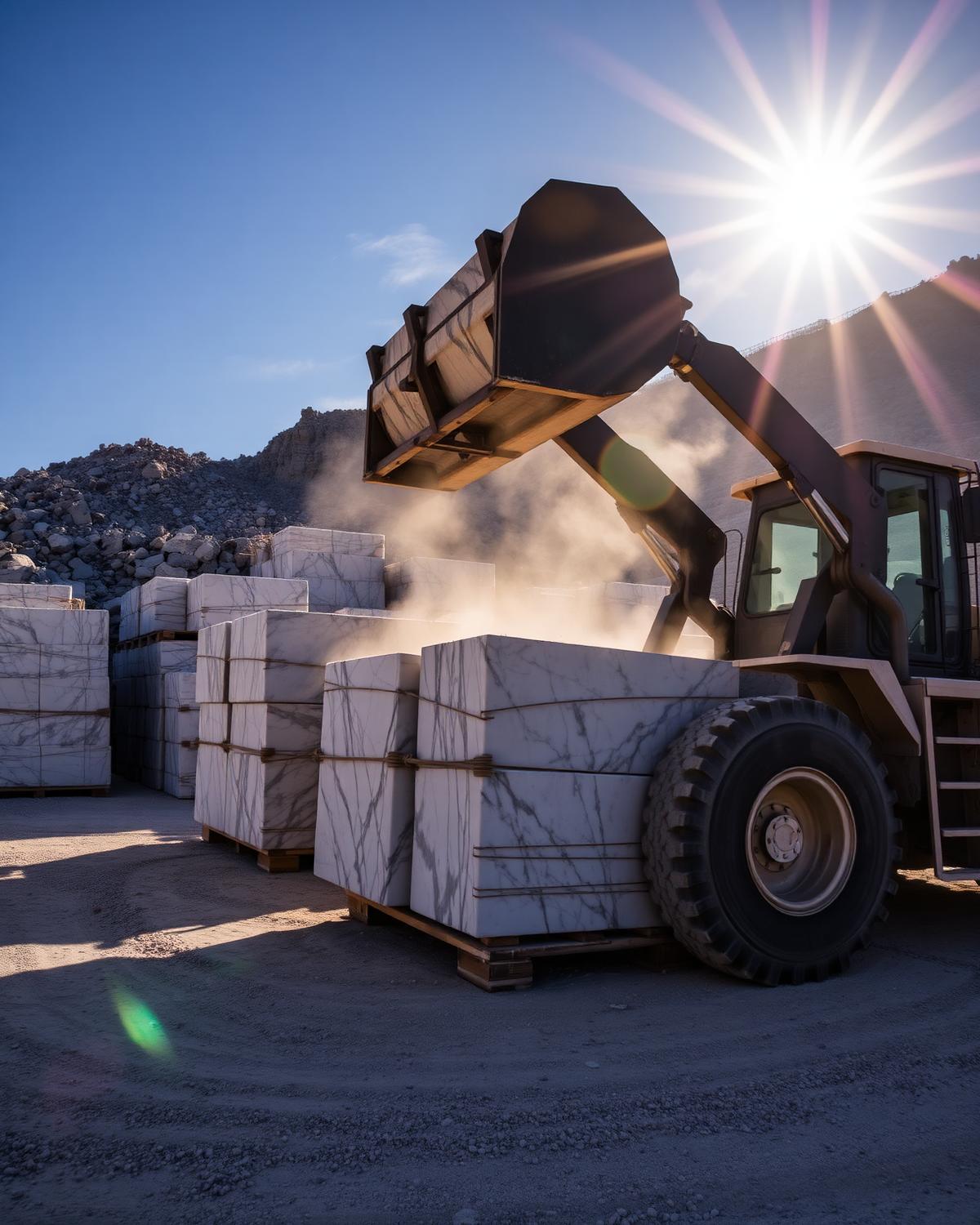 Wheel loader moving marble blocks at a quarry yard