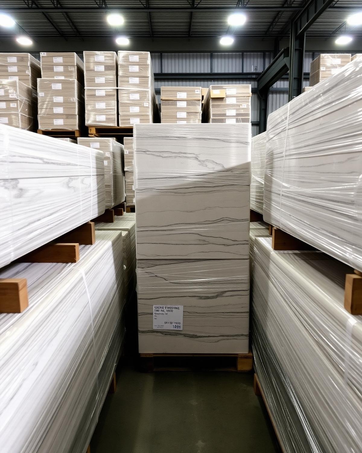Wrapped and labelled stone pallets in bonded storage