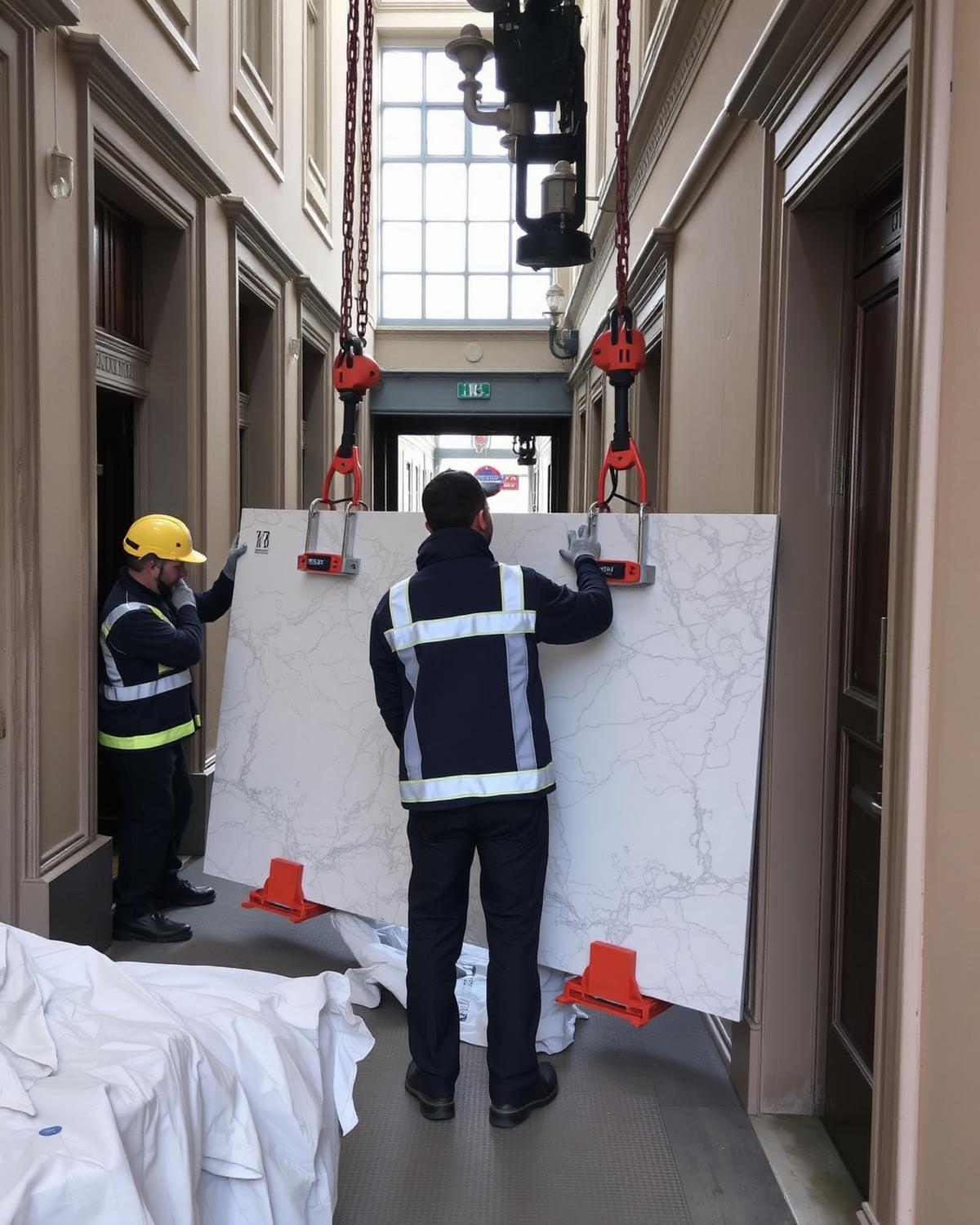 Riggers carrying a marble slab with suction lifters on site