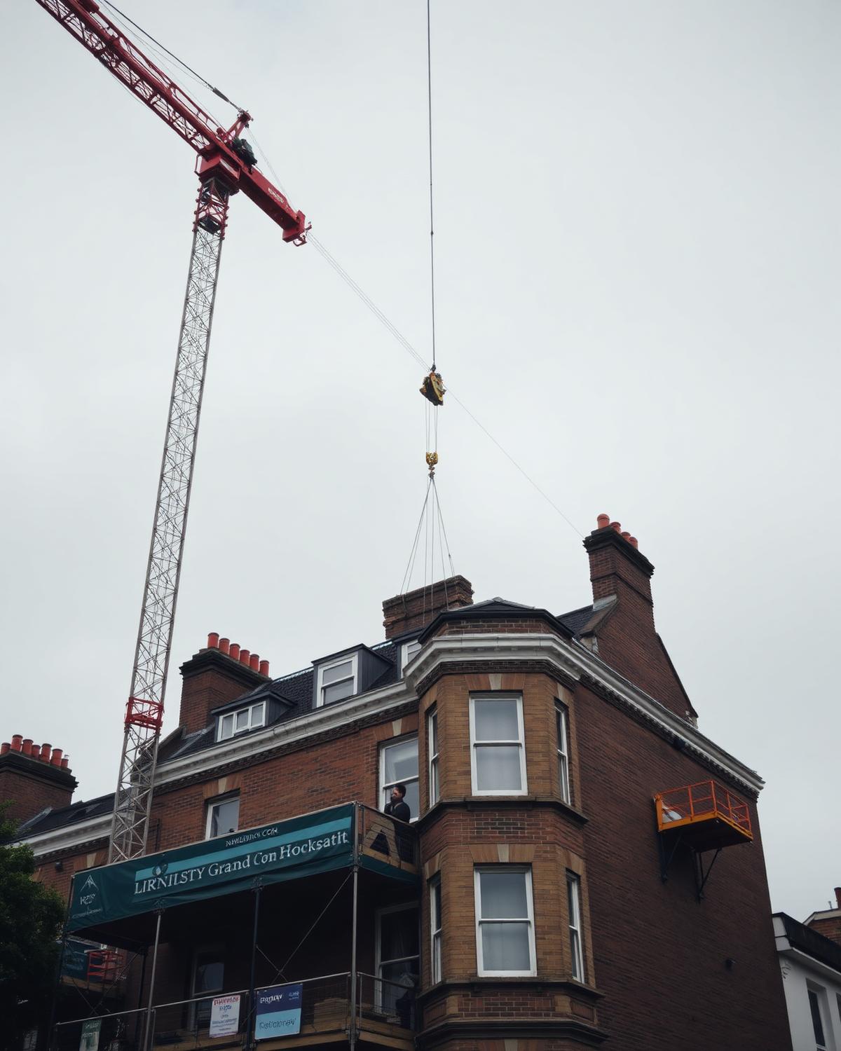 Mobile crane lifting stone packs over a scaffolded townhouse