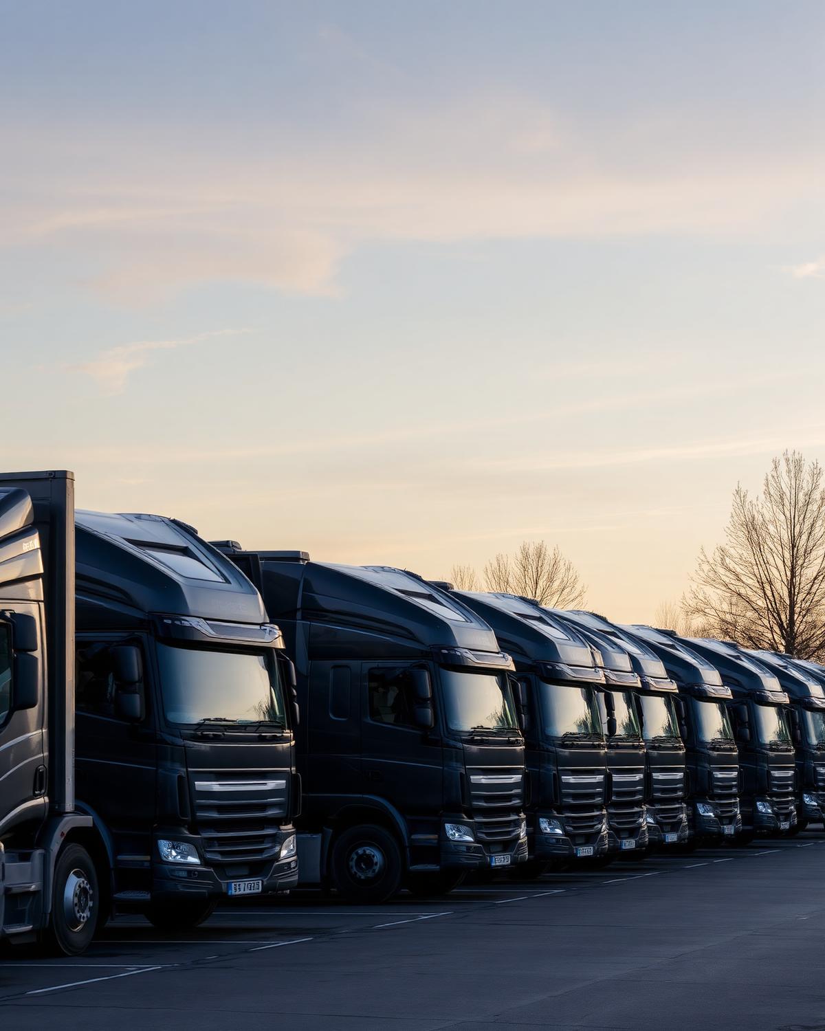 Fleet of delivery lorries at the distribution yard at dawn