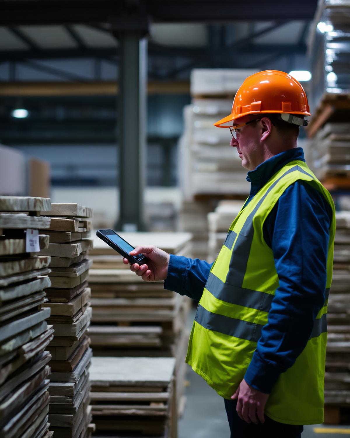 Warehouse operative scanning stone inventory tags