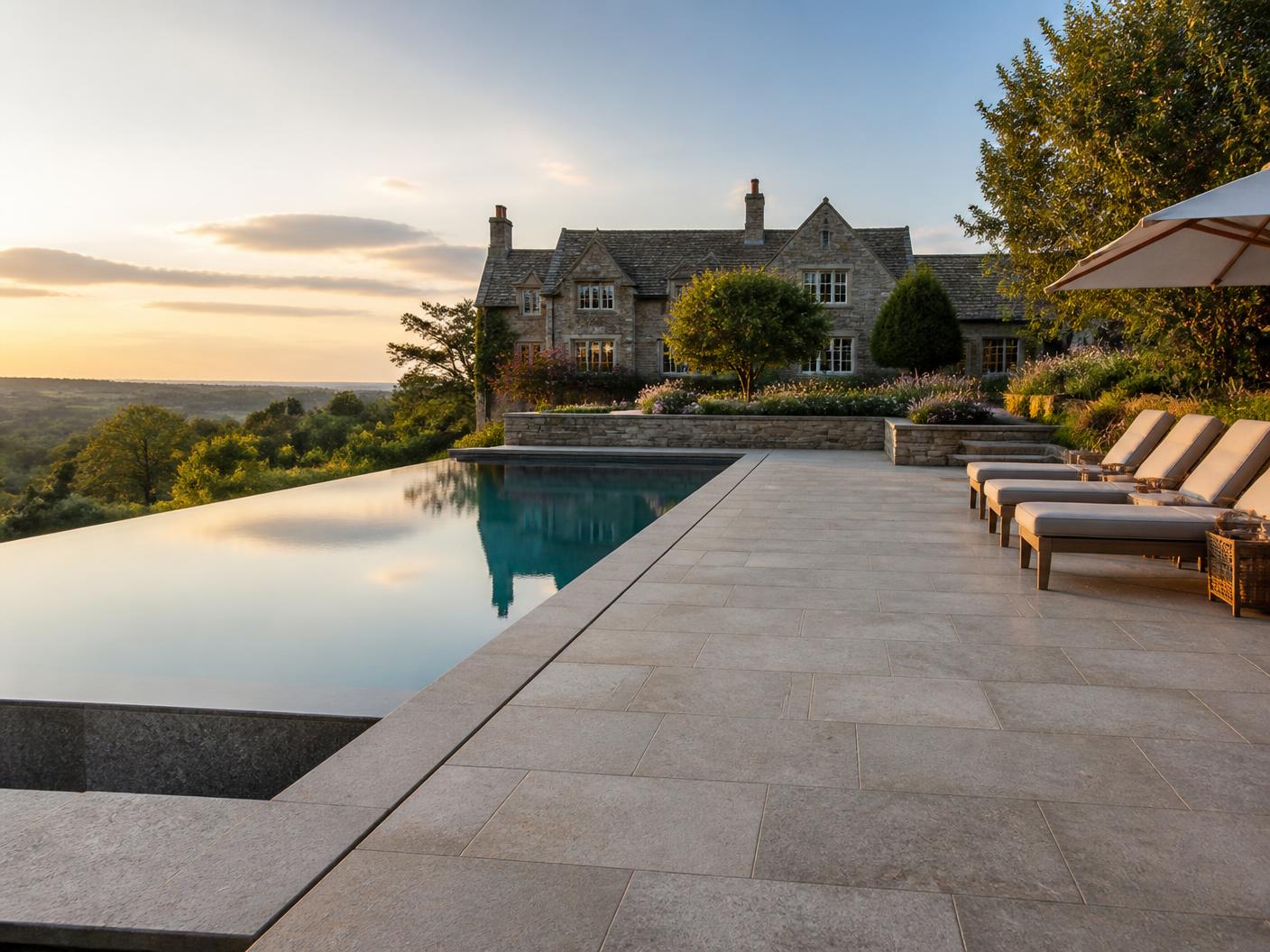 Limestone pool terrace with granite copings