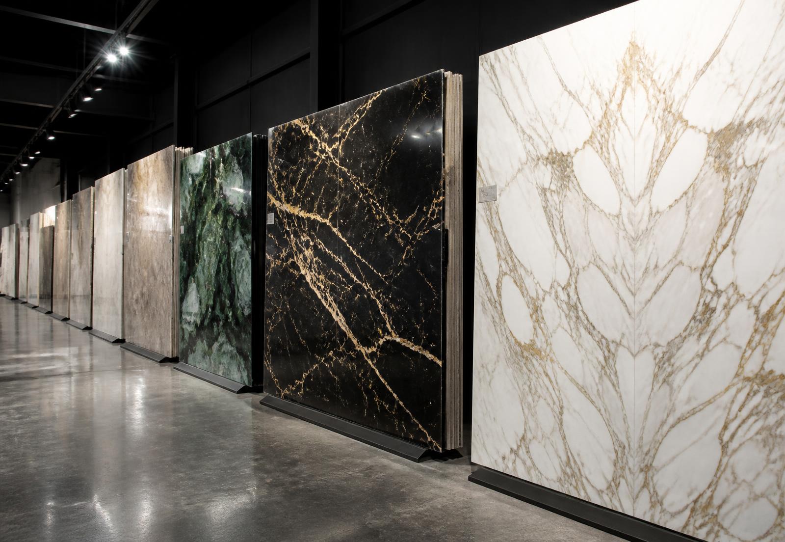Slab inventory stored on A-frames in the showroom