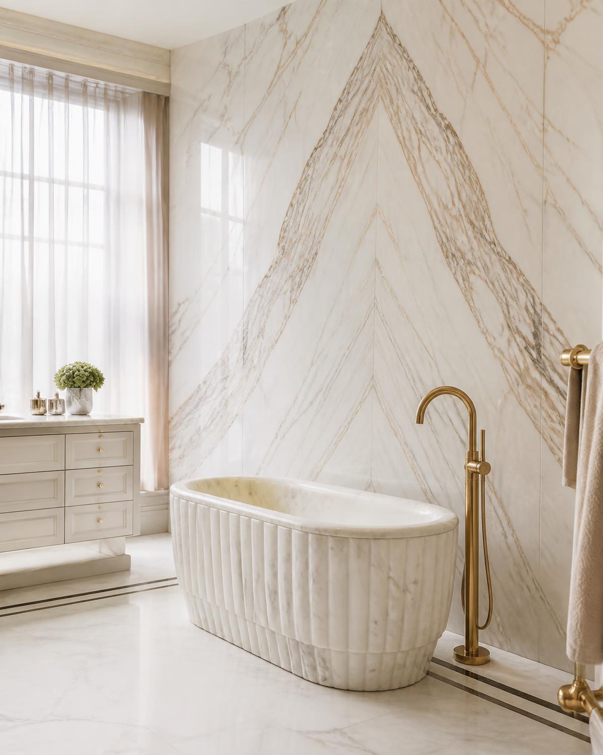 Carved marble bath against a bookmatched Calacatta Gold wall