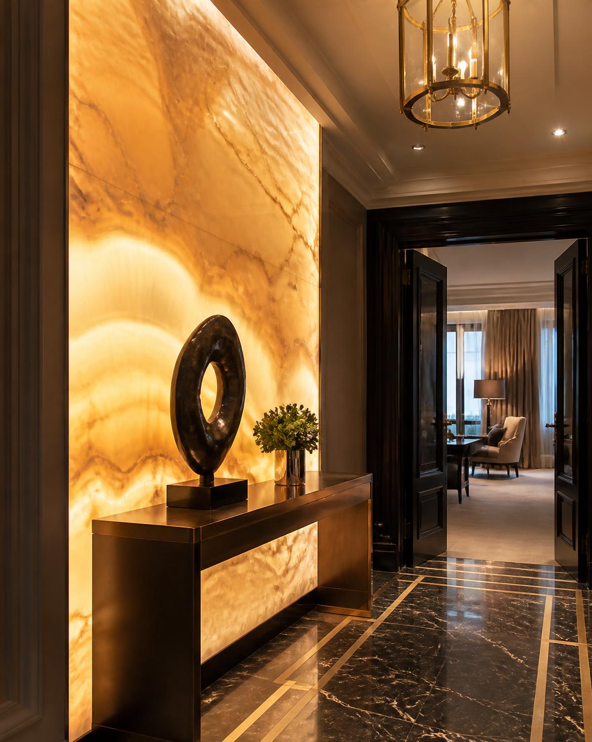 Onyx wall glowing above a bronze console with Portoro marble floor