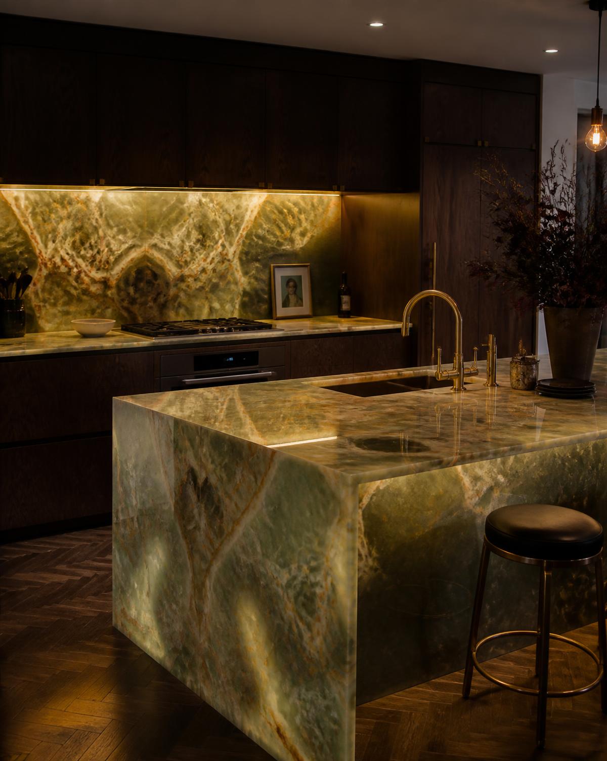 Backlit green onyx splashback above dark timber cabinetry