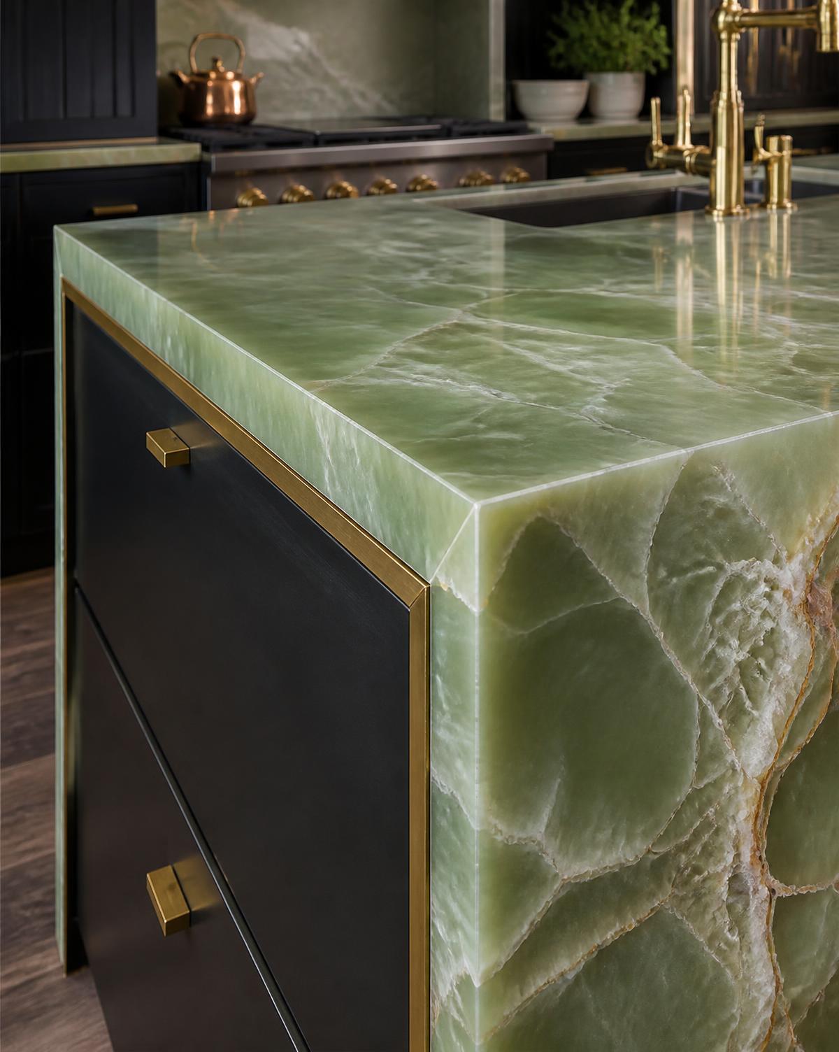 Detail of the mitred waterfall edge on the green onyx island