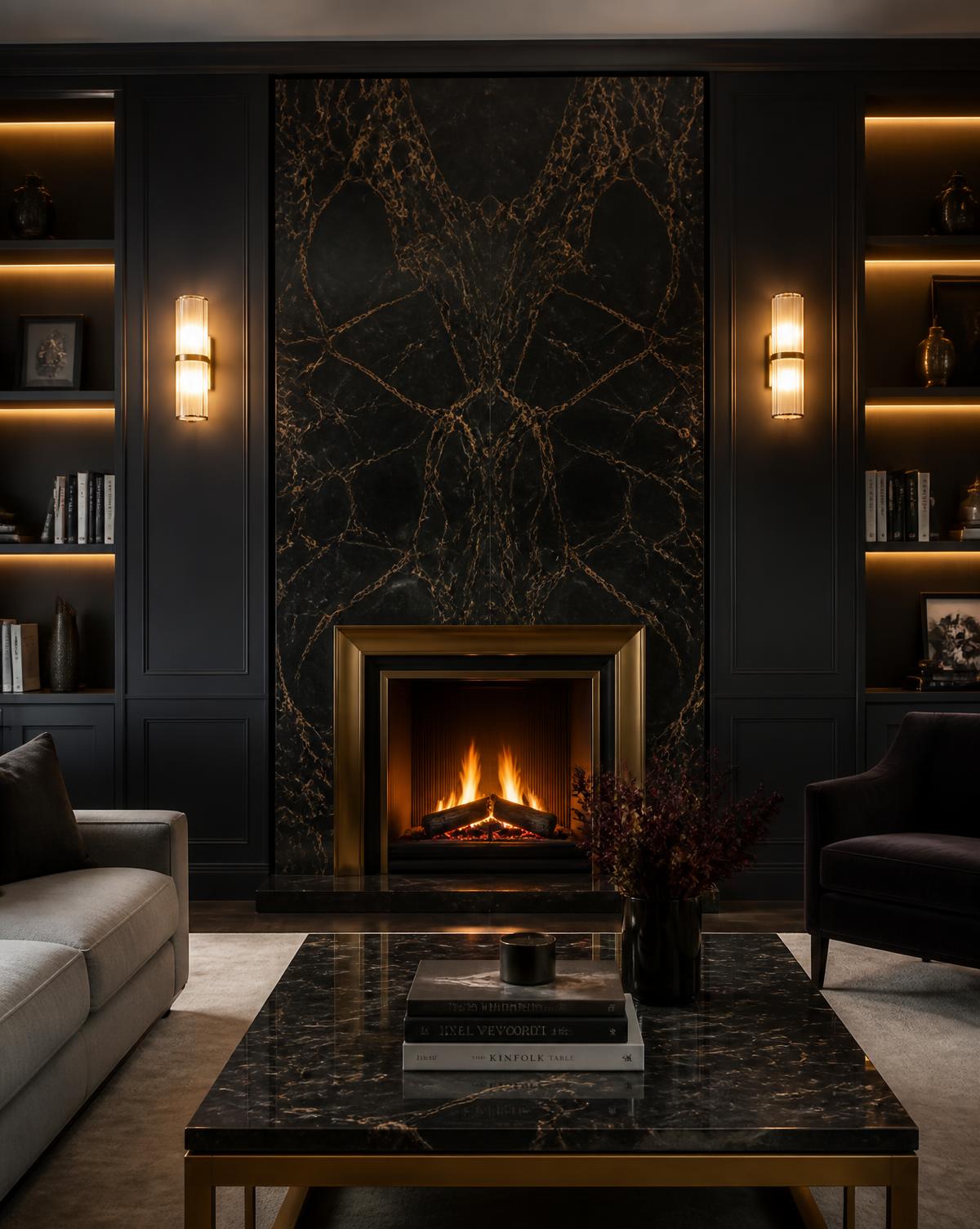 Panelled drawing room with bookmatched Portoro chimneybreast